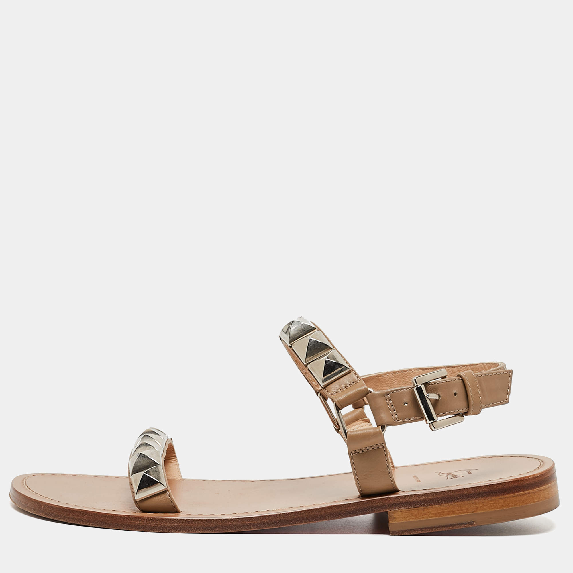 Christian Louboutin Beige Leather Studded Ankle Strap Flat Sandals Size 40