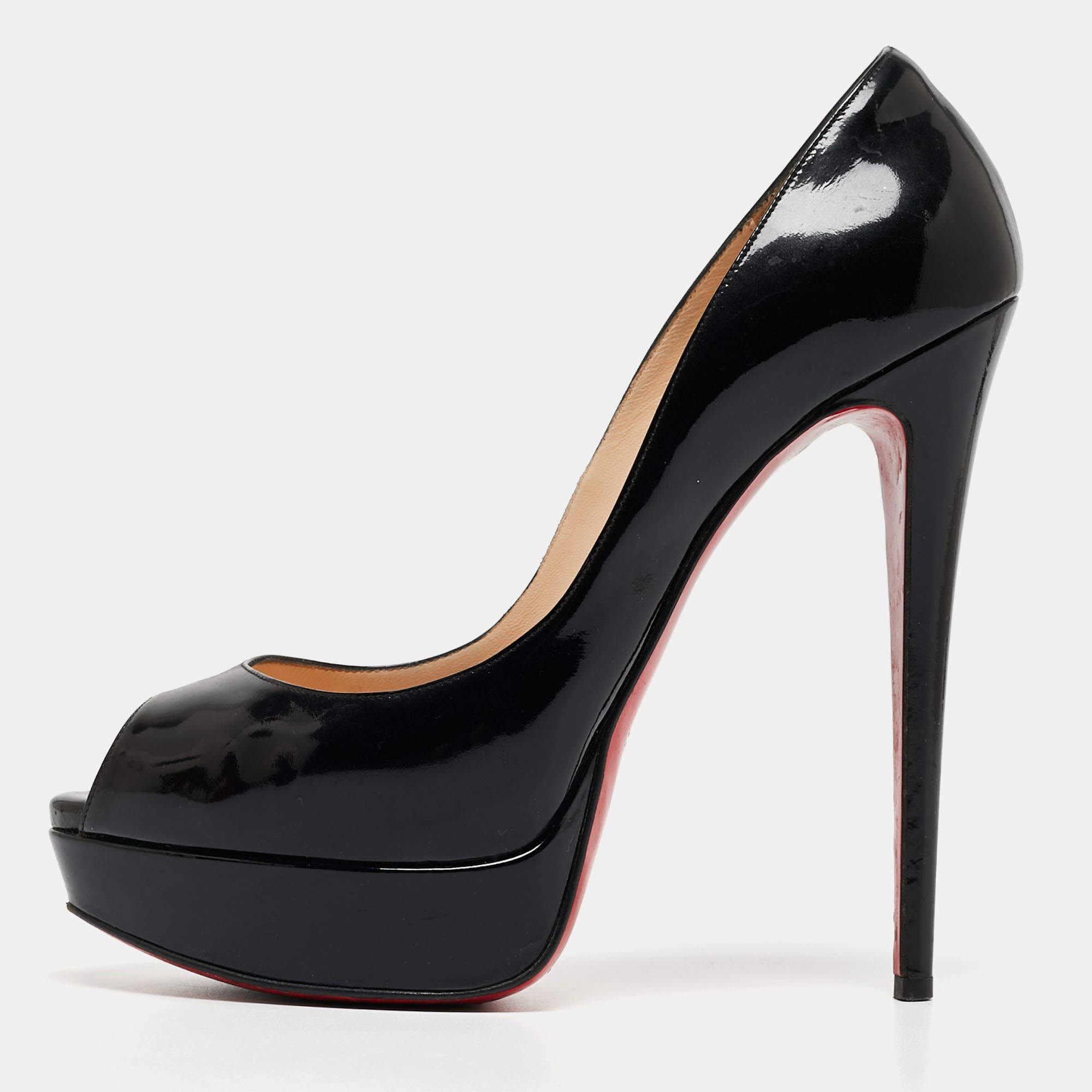 Pre Owned Christian Louboutin Black Patent Leather Lady Peep Pumps Size 40.5