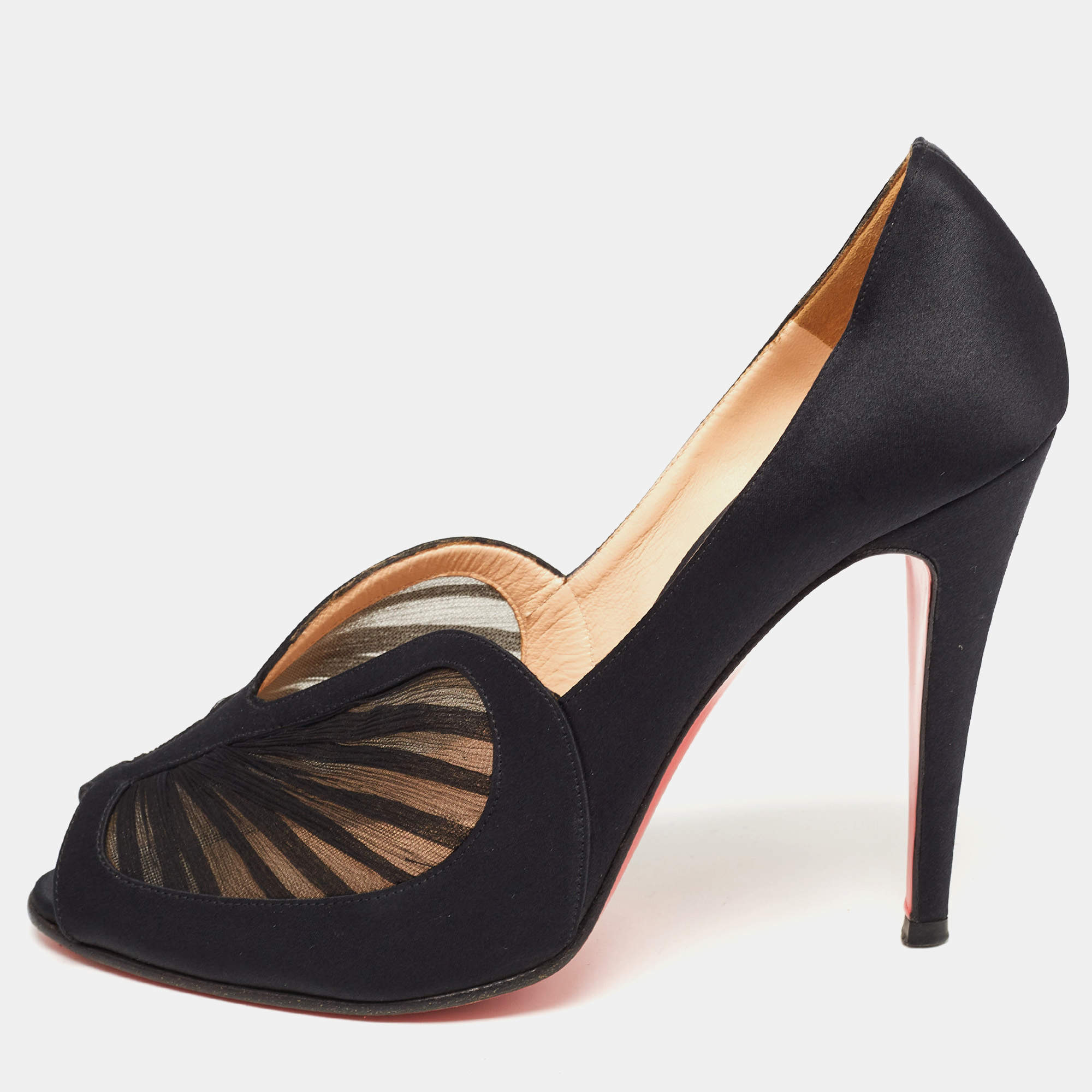 Pre Owned Christian Louboutin Black Satin Peep Toe Pumps Size 40.5