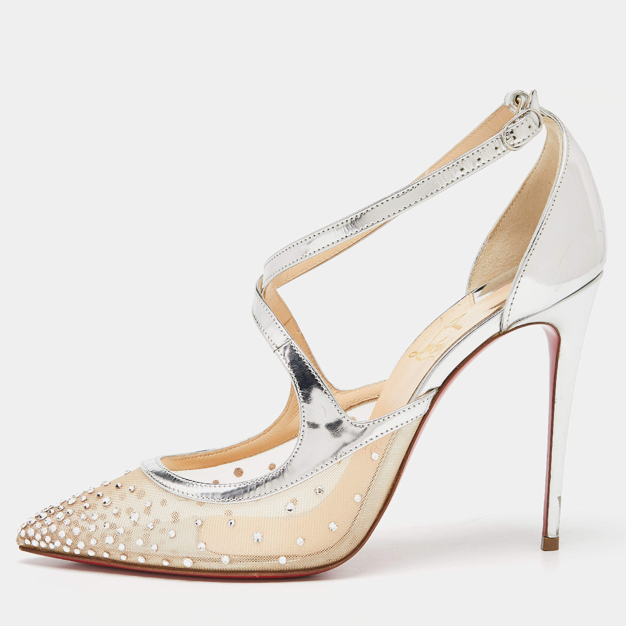 Pre Owned Christian Louboutin Silver Patent Leather and Mesh Twistissima Strass Pumps Size 39
