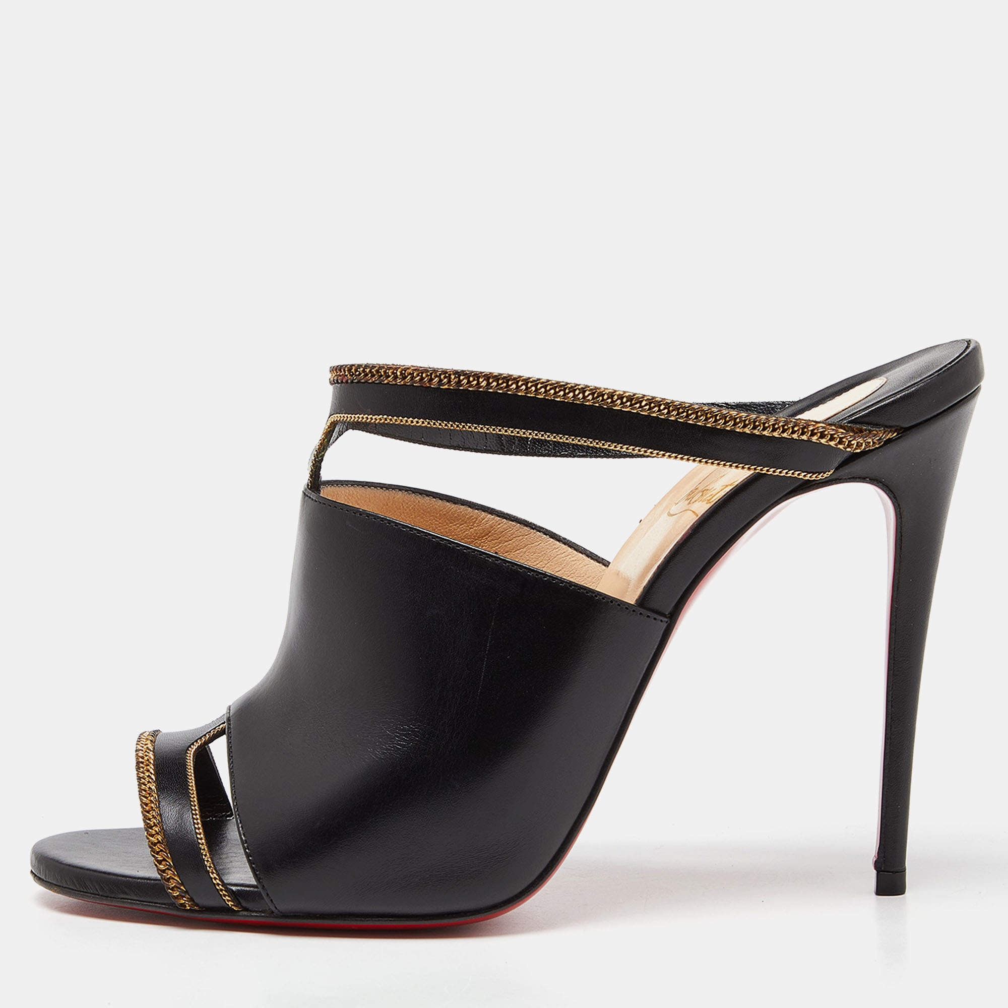 مملوكة مسبقًا Christian Louboutin Black Leather Chain Embellished Akenana Sandals Size 38