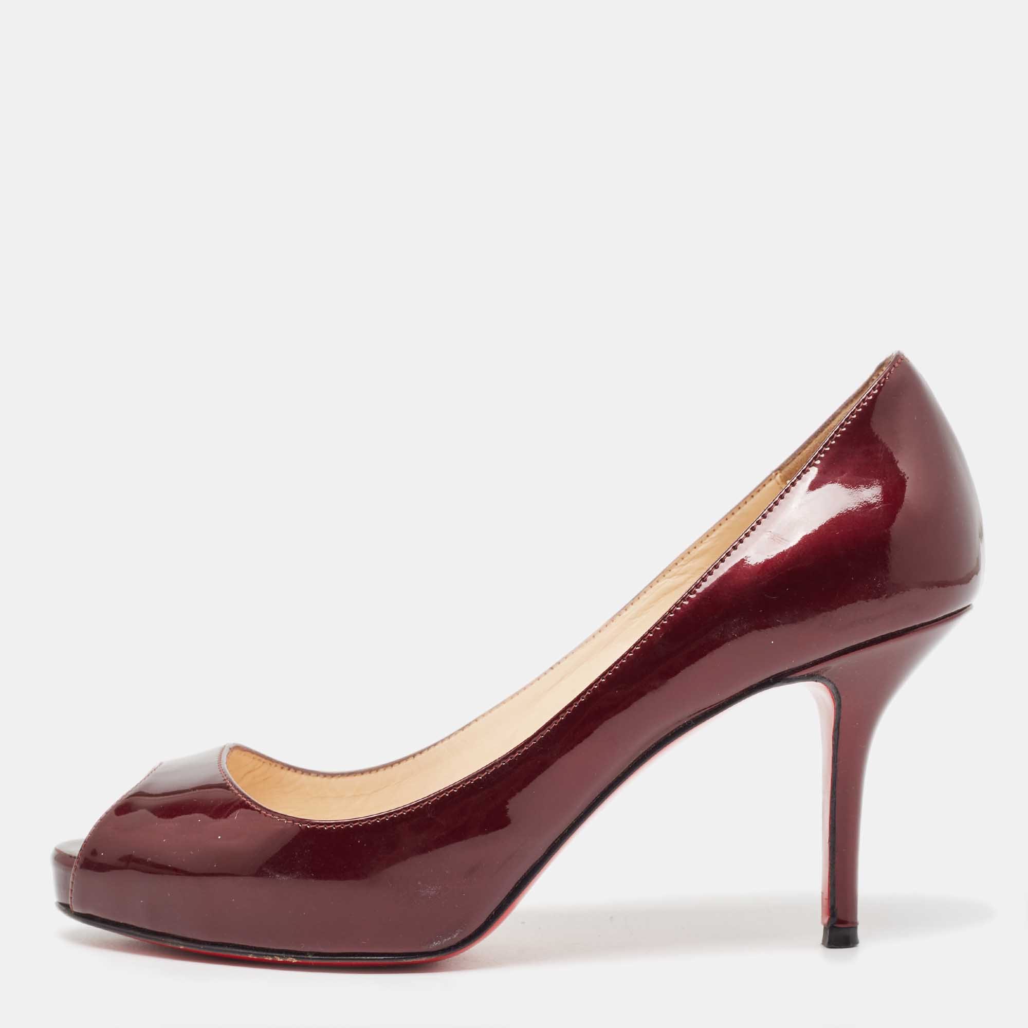 Pre Owned Christian Louboutin Dark Burgundy Patent Leather Peep Toe Pumps Size 36