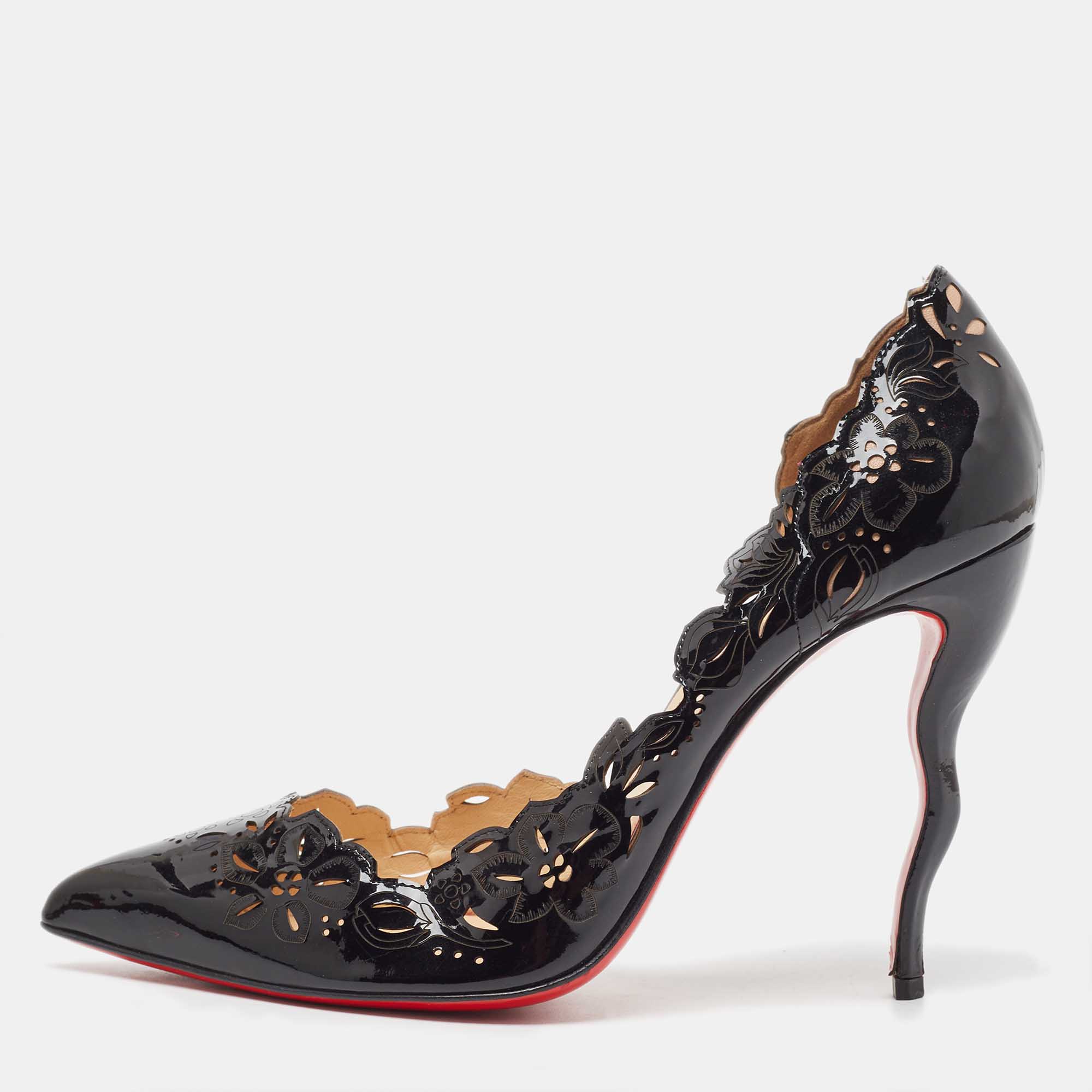 Pre Owned Christian Louboutin Black Patent Leather Floral Laser Cut D'Orsay Pumps Size 40