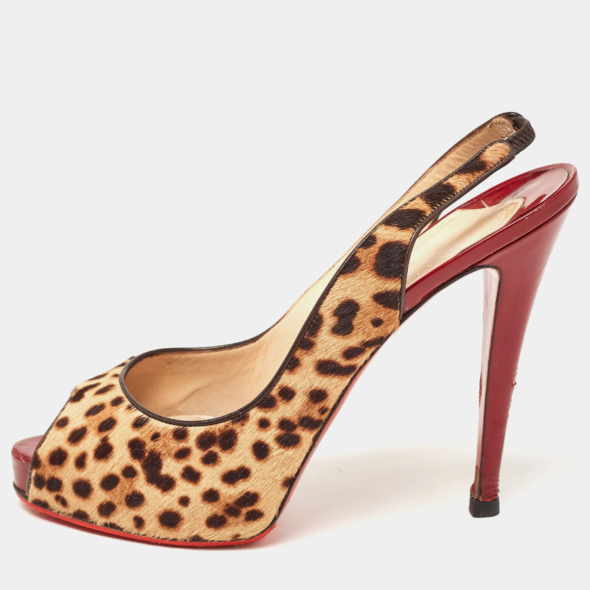 Christian Louboutin Beige/Brown Leopard Print Calf Hair No Prive Slingback Pumps Size 41