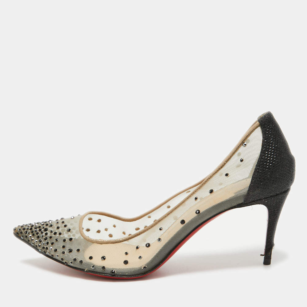 مملوكة مسبقًا Christian Louboutin Mesh Follies Strass Embellished Pointed Pumps Size 36.5