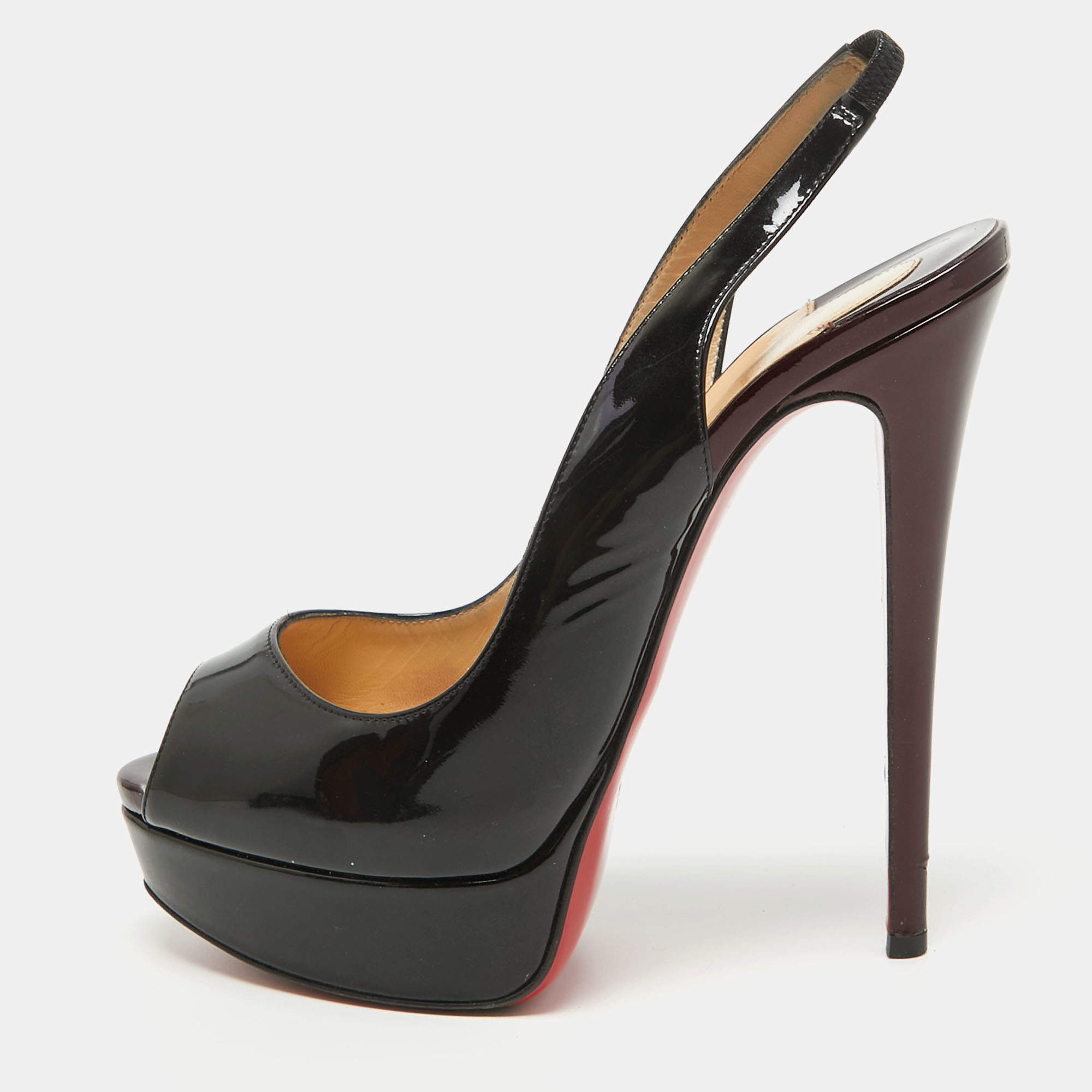 Pre Owned Christian Louboutin Black Patent Leather Lady Peep Slingback Pumps Size 38