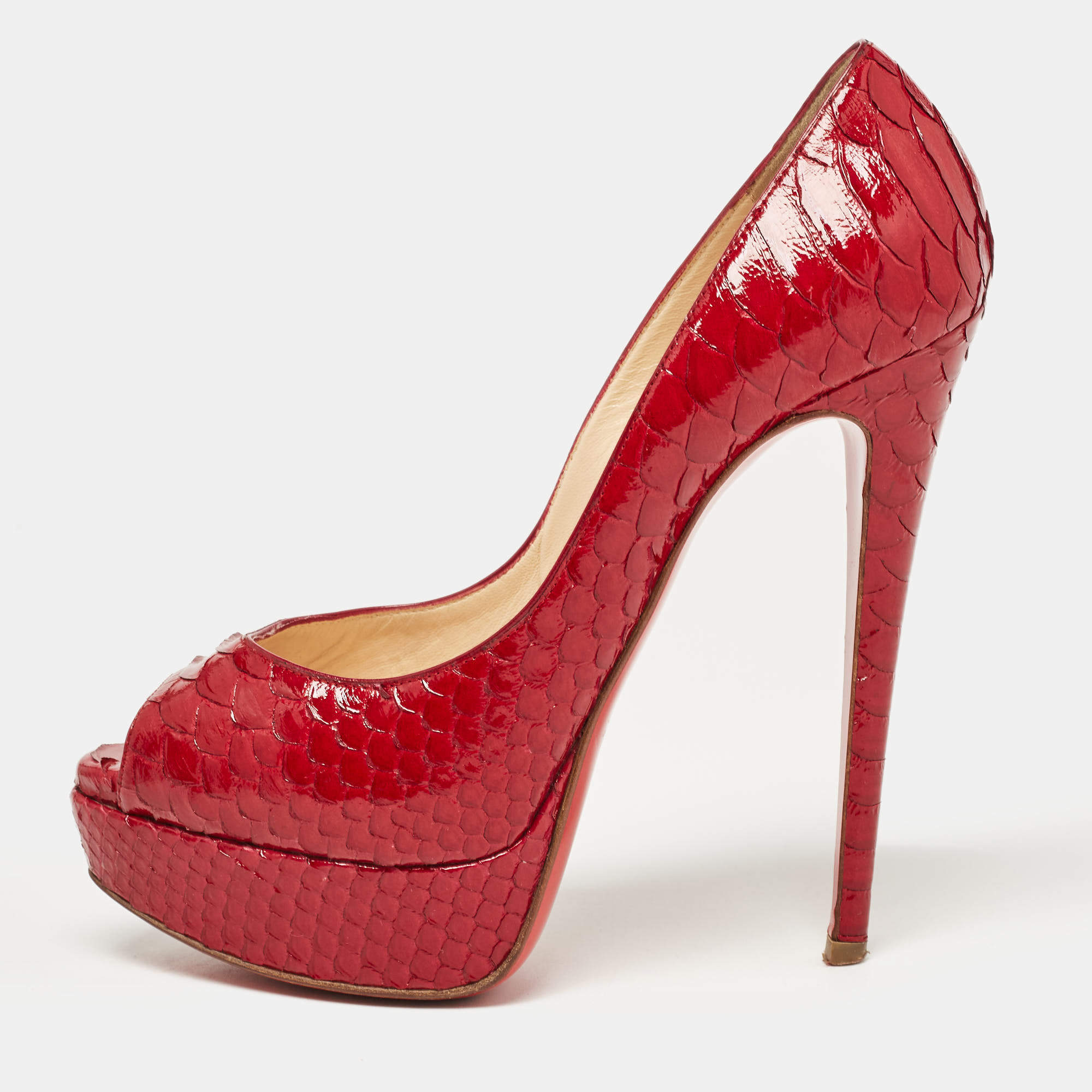 Pre Owned Christian Louboutin Red Python Leather Lady Peep  Pumps Size 36.5