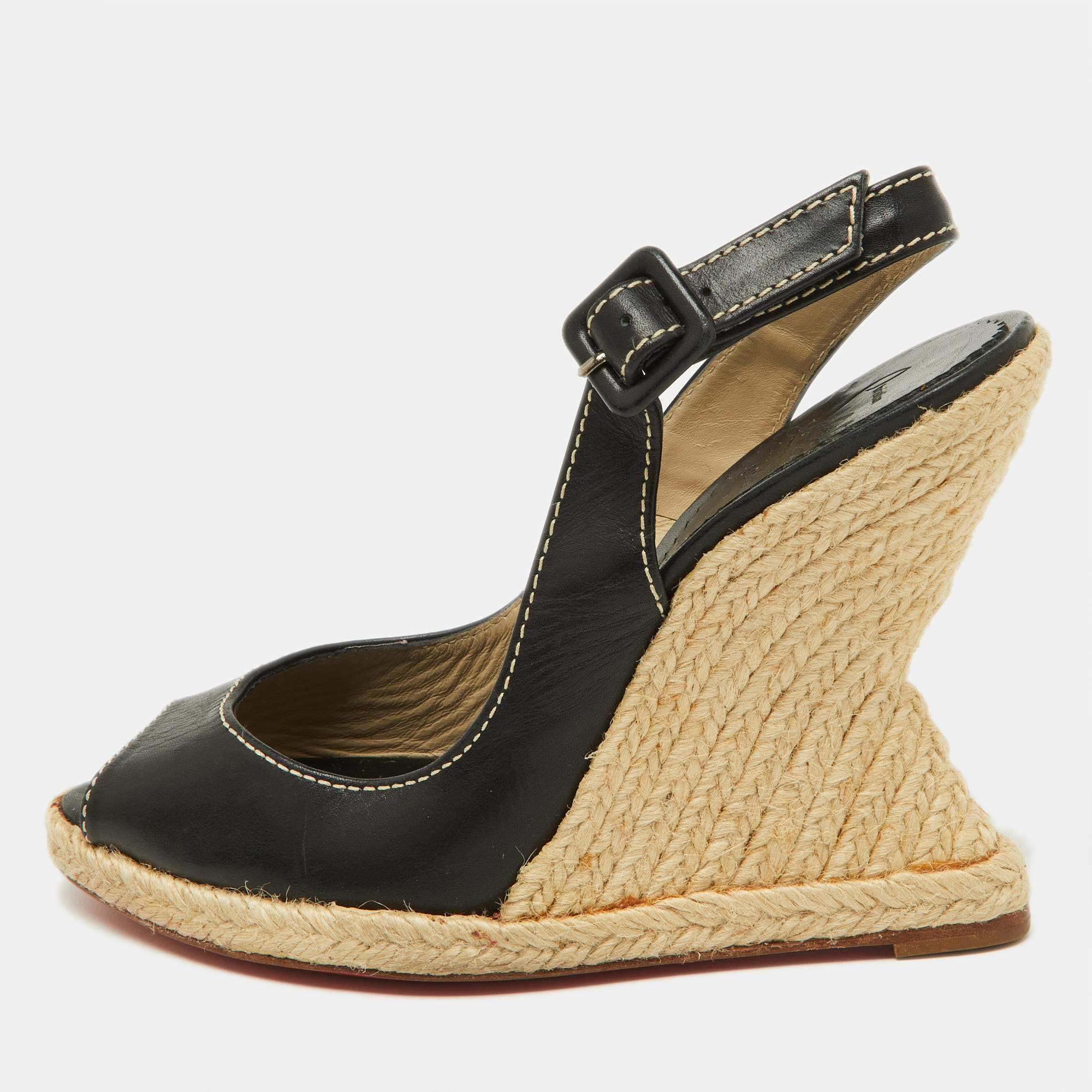 مملوكة مسبقًا Christian Louboutin Black Leather You Love Espadrille Wedge Slingback Sandals Size 37