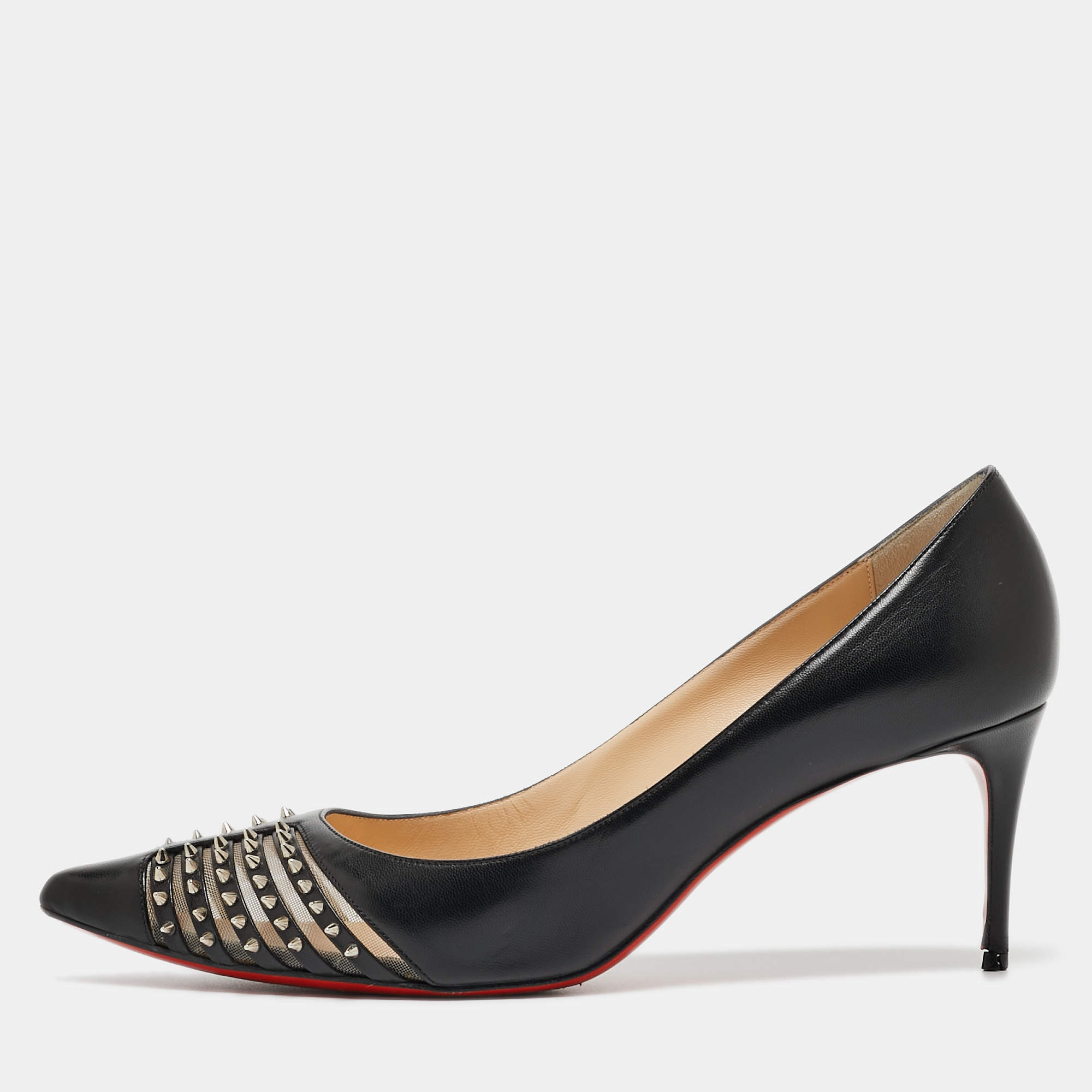 مملوكة مسبقًا Christian Louboutin Black Leather and Mesh Spiked Bareta Pumps Size 41