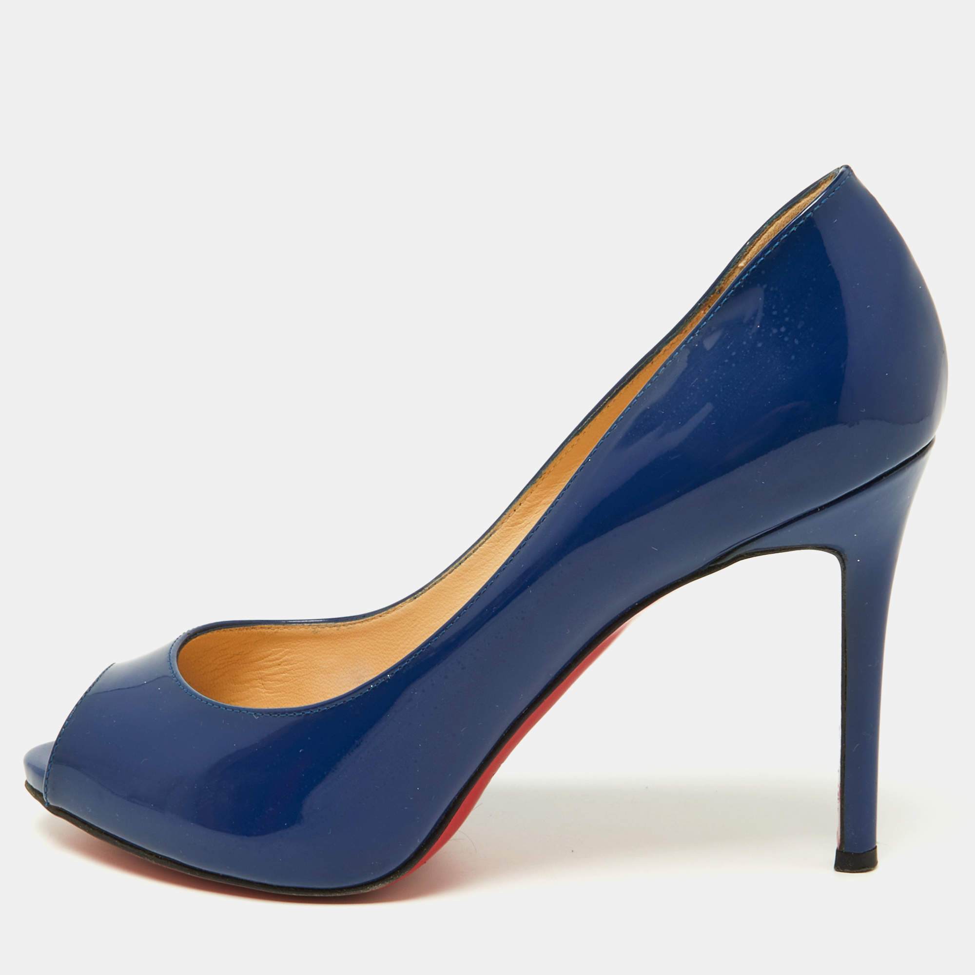 Pre Owned Christian Louboutin Blue Patent Leather Peep-Toe Pumps Size 39