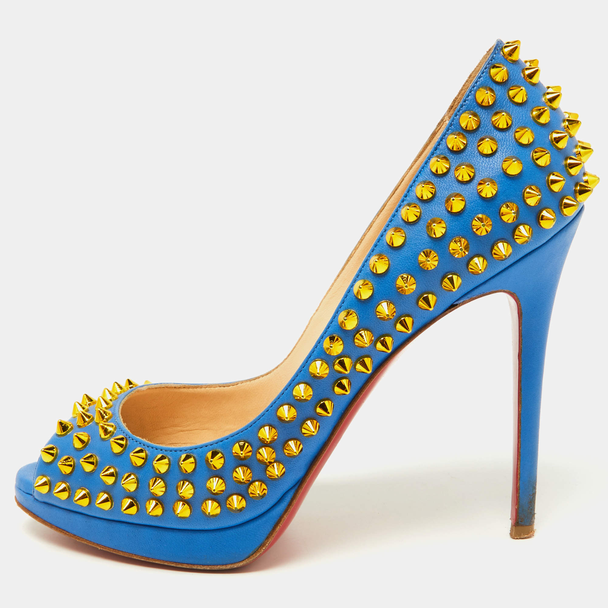 Christian Louboutin Blue Leather Yolanda Spikes Pumps Size 37.5