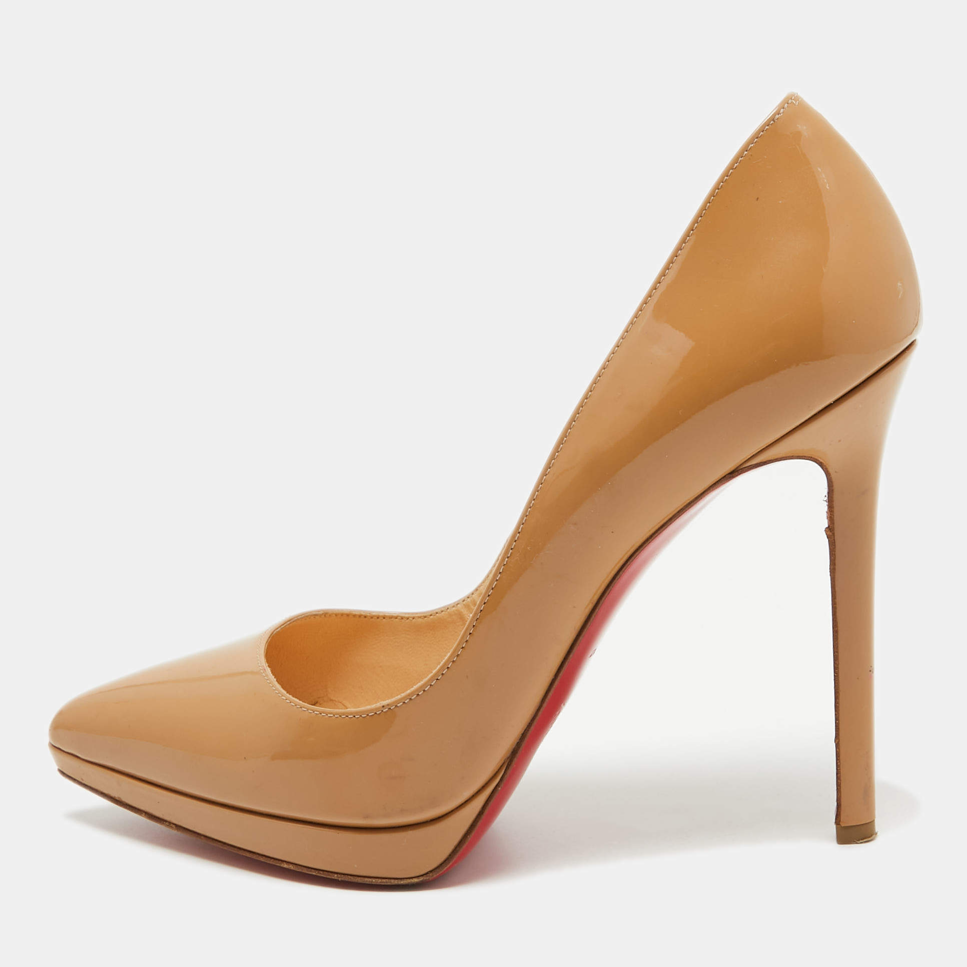 Pre Owned Christian Louboutin Beige Patent Leather Pigalle Plato Pumps Size 38