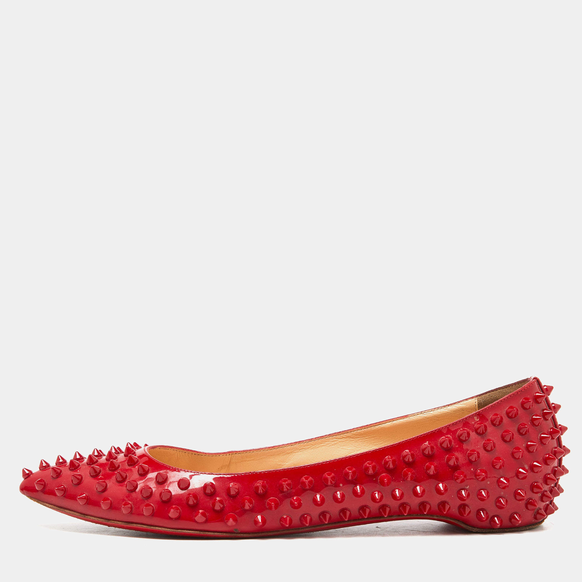 Pre Owned Christian Louboutin Red Patent Leather Pigalle Spikes Ballet Flats Size 41.5 