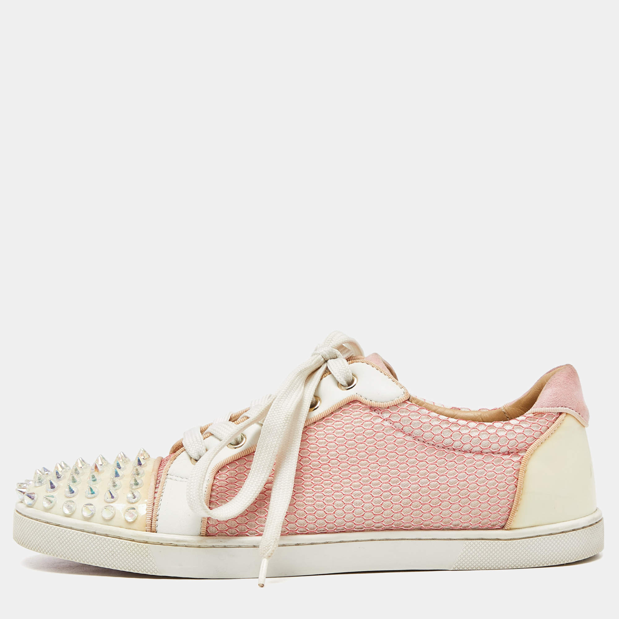 Christian Louboutin Pink Mesh And Patent Leather Spiked Louis Junior Sneakers Size 39.5