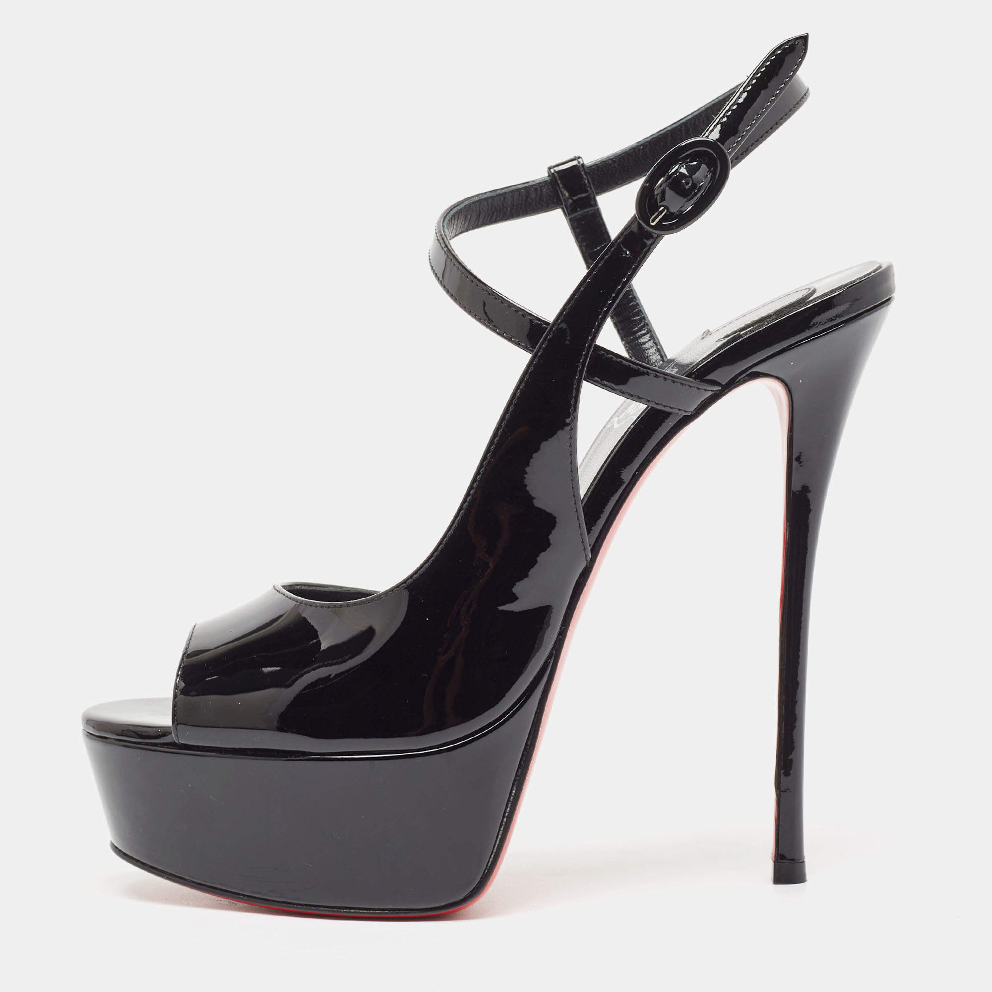 Pre Owned Christian Louboutin Black Patent  So Jenlove Ankle Strap Sandals Size 39