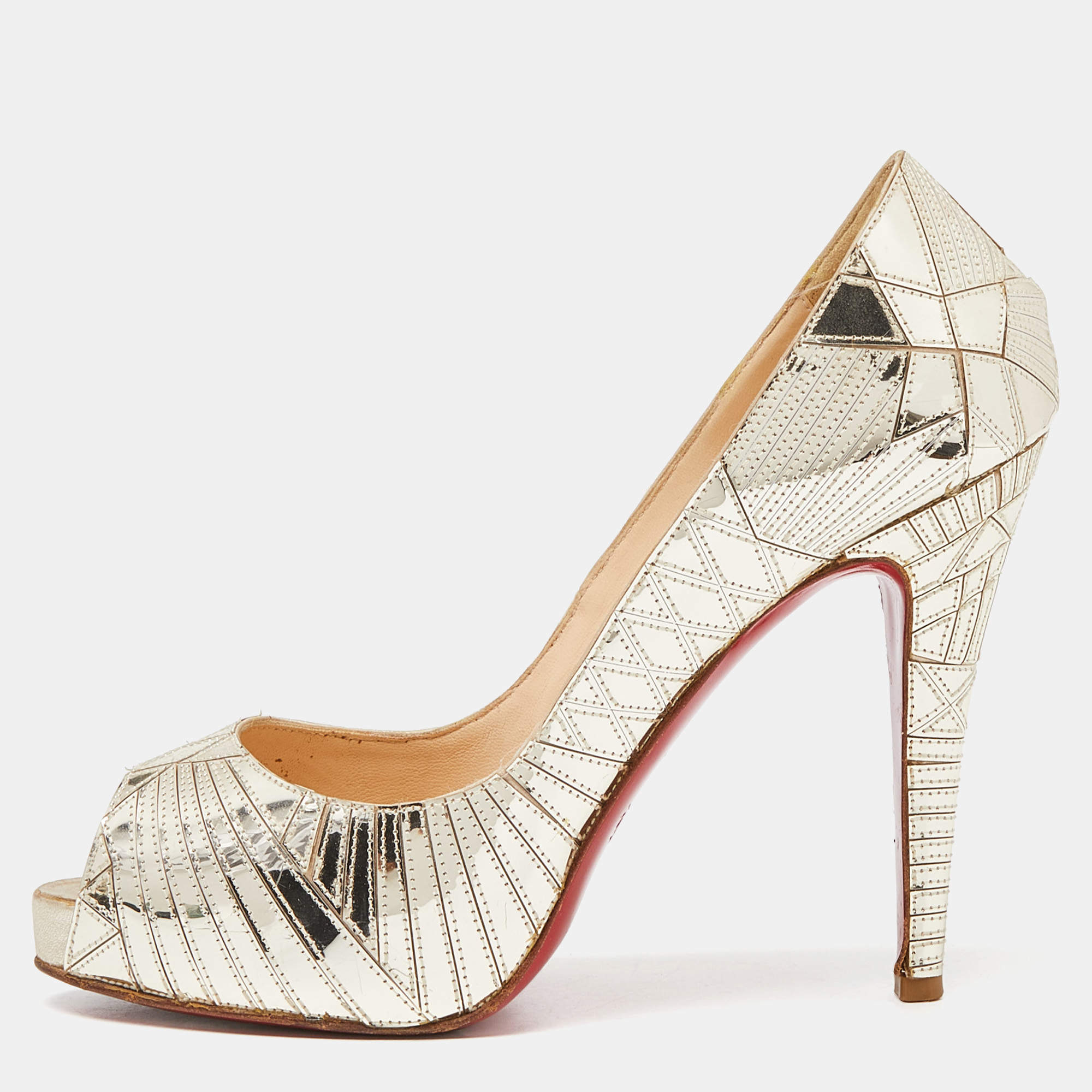 Christian Louboutin Gold PVC Peep Toe Art Deco Pumps Size 39