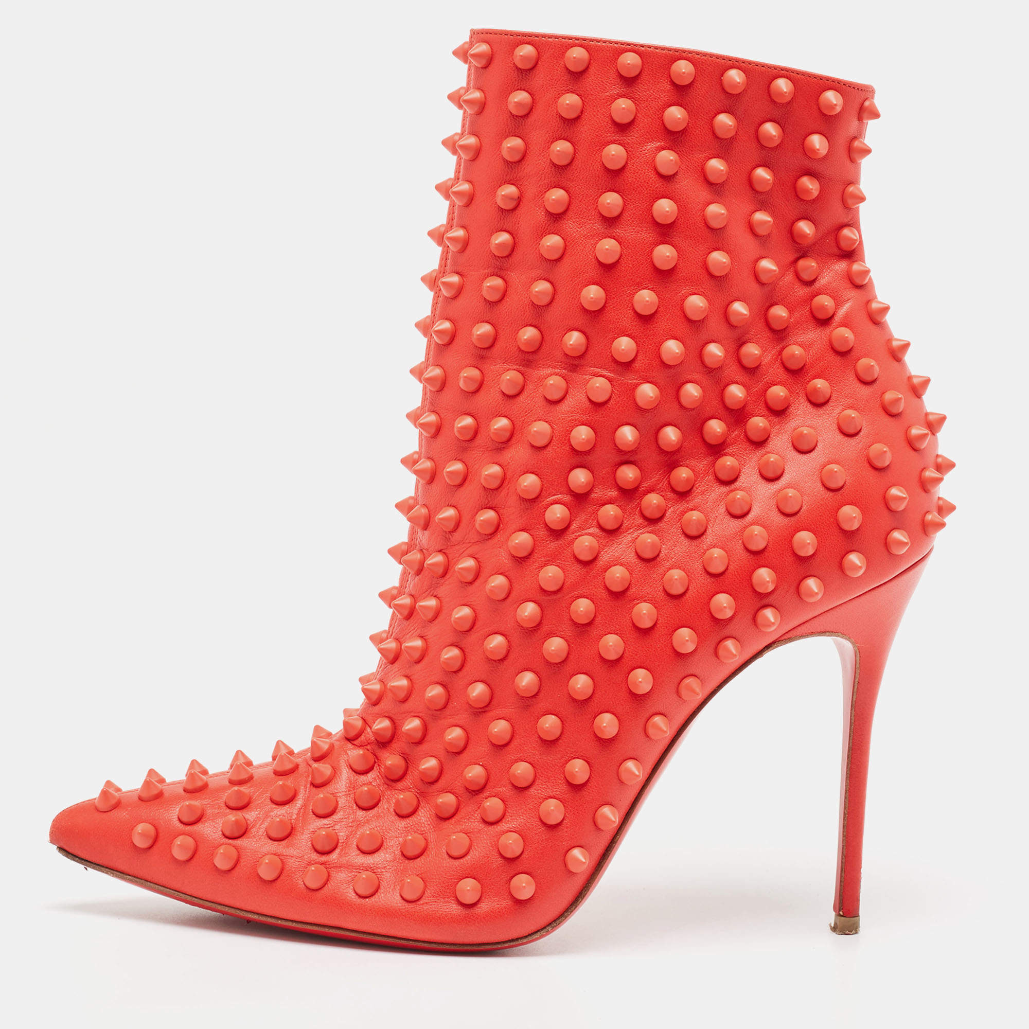 Christian Louboutin  Red Leather Studded Ankle Boots Size 39