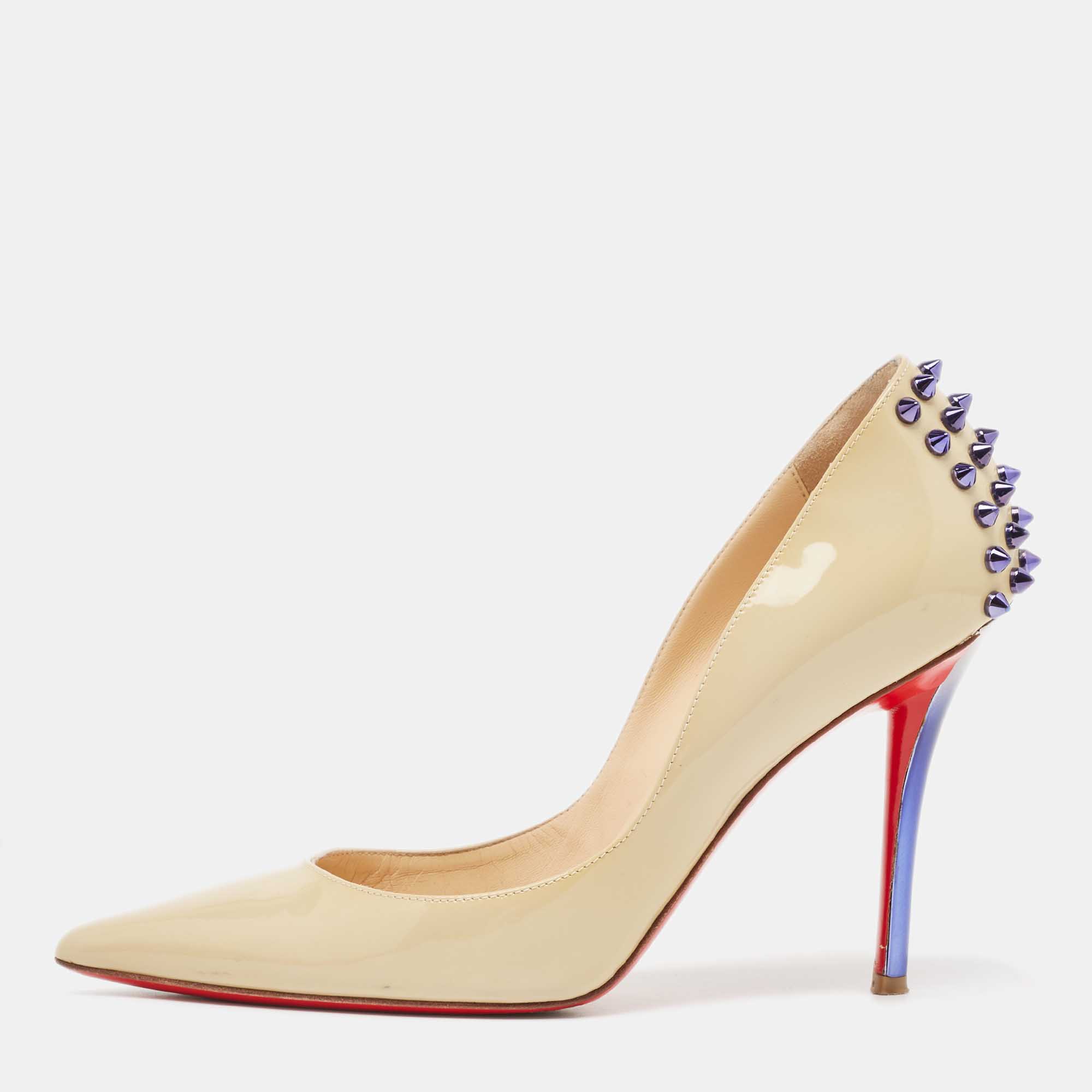 Pre Owned Christian Louboutin Beige Patent Leather Spiked Pumps Size 37