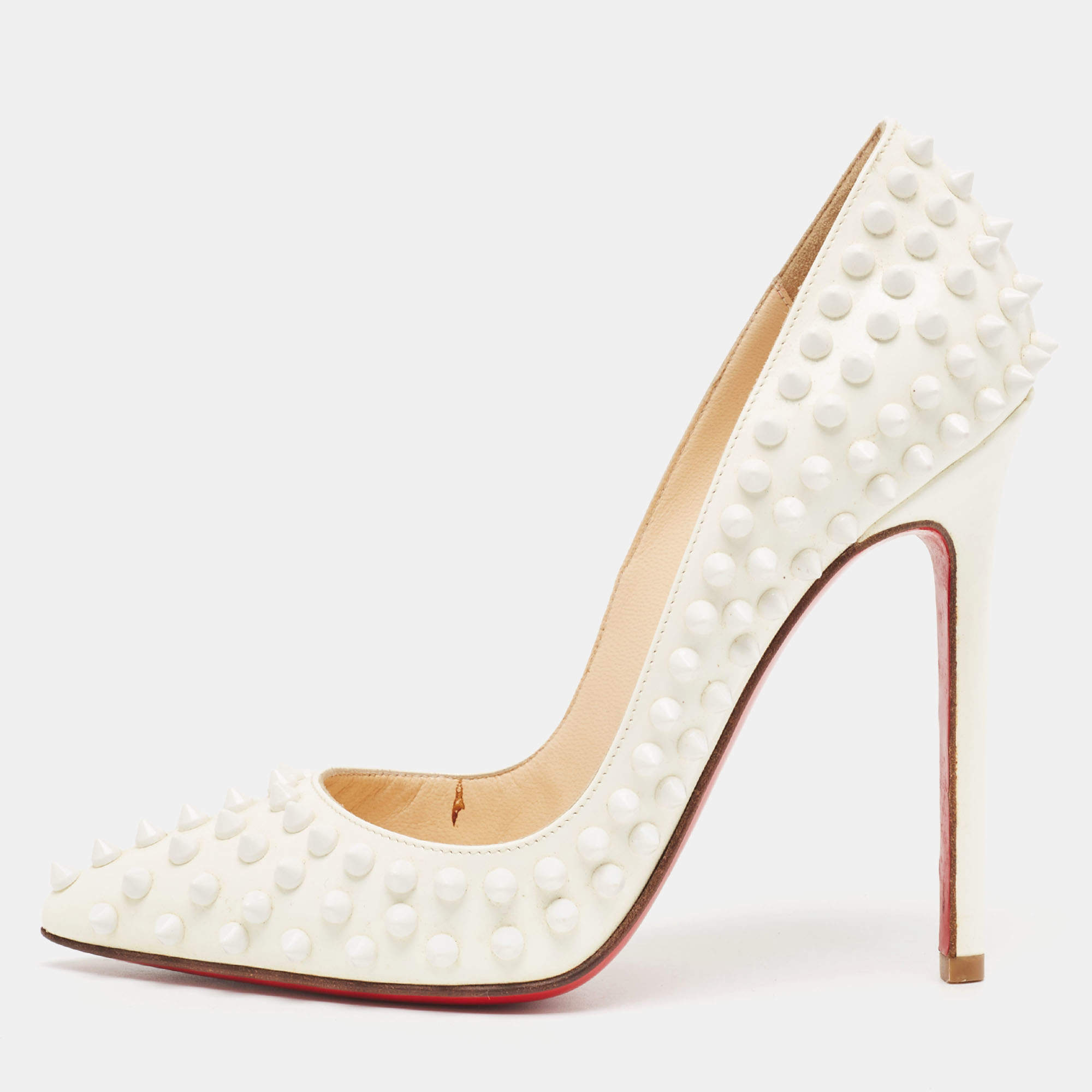 Pre Owned Christian Louboutin White Patent Leather Pigalle Spikes Pumps Size 36.5