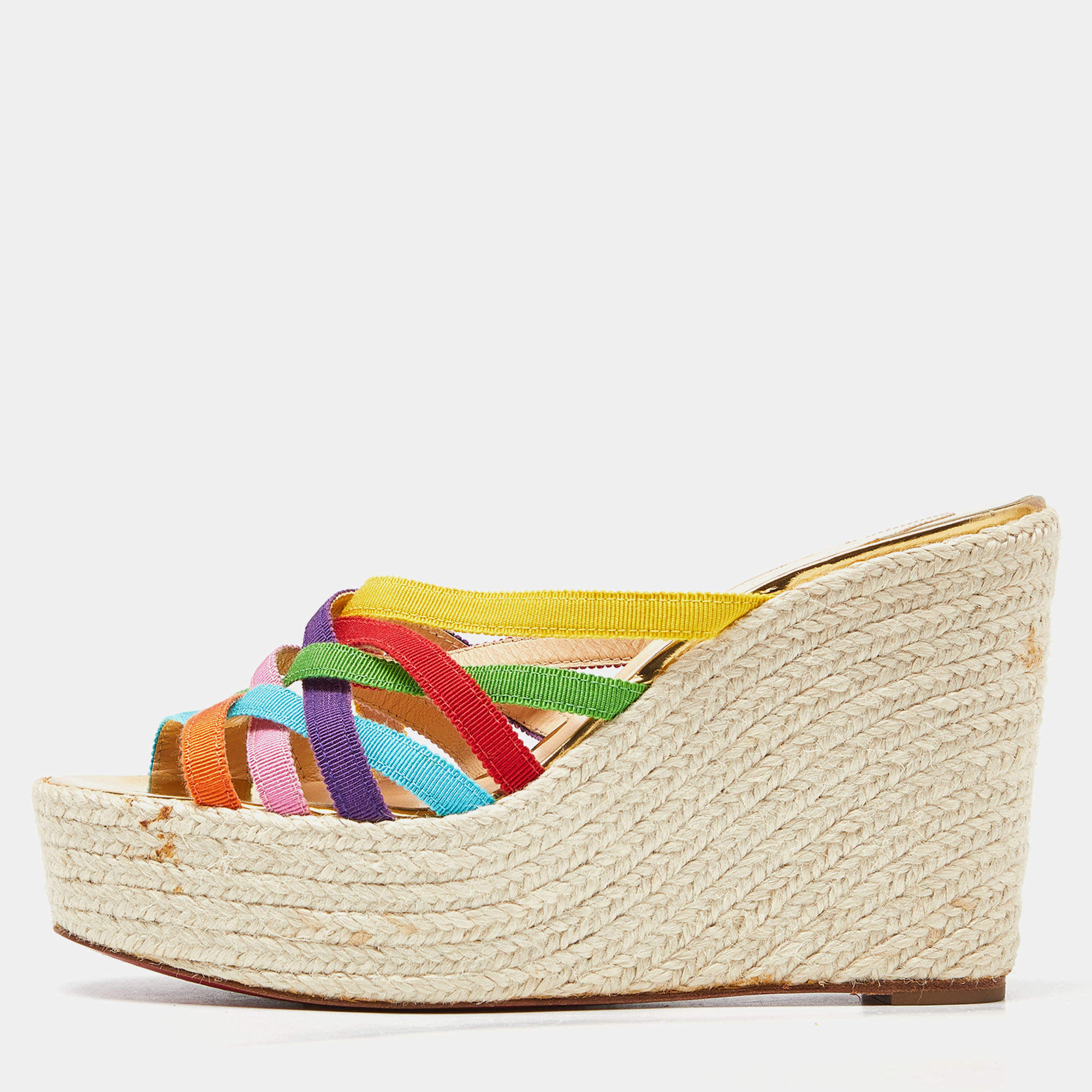 Pre Owned Christian Louboutin Multicolor Fabric Strappy Wedge Espadrille Platform Sandals Size 37