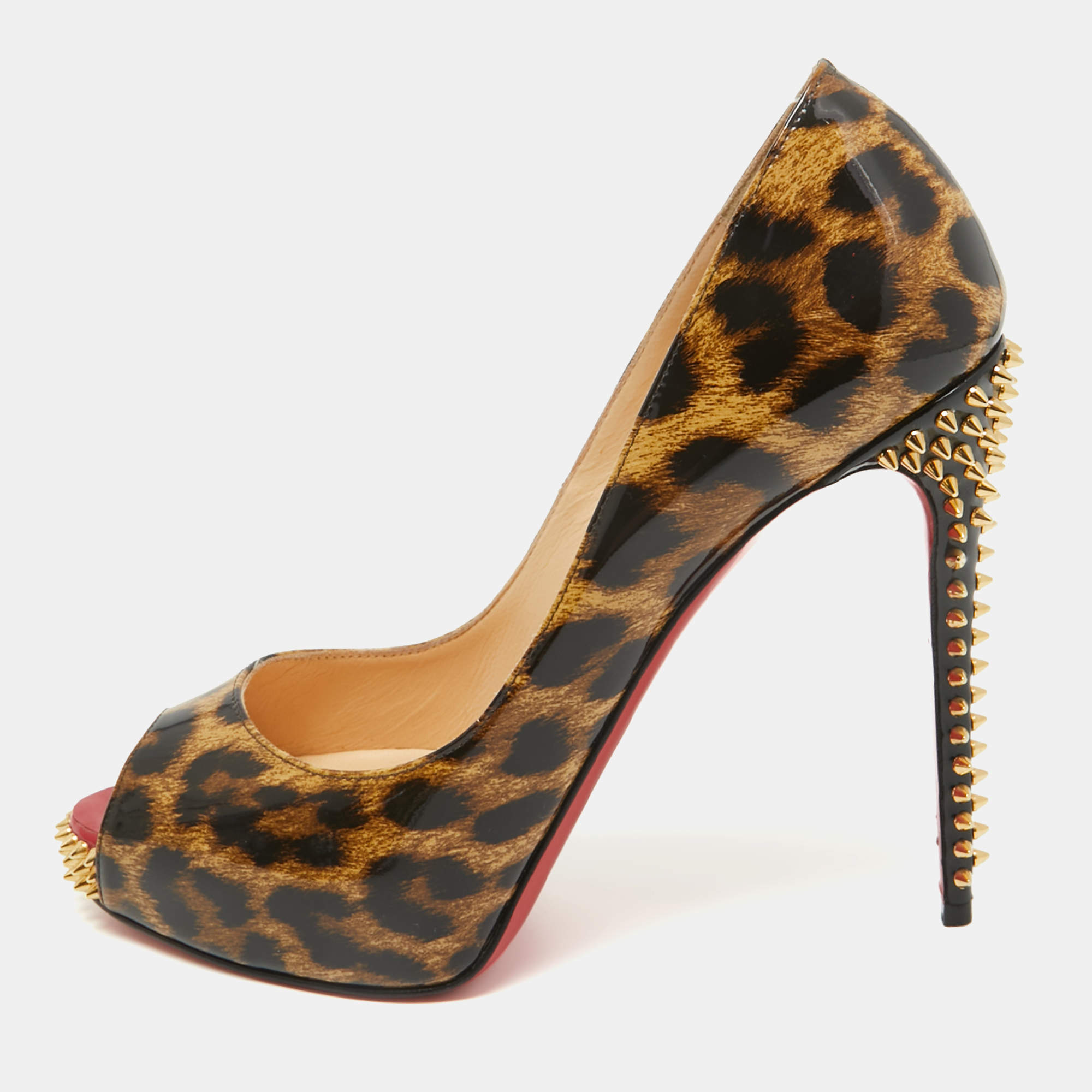 Christian Louboutin Black/Brown Leopard Print Patent Leather New Very Prive Spikes Pumps Size 38