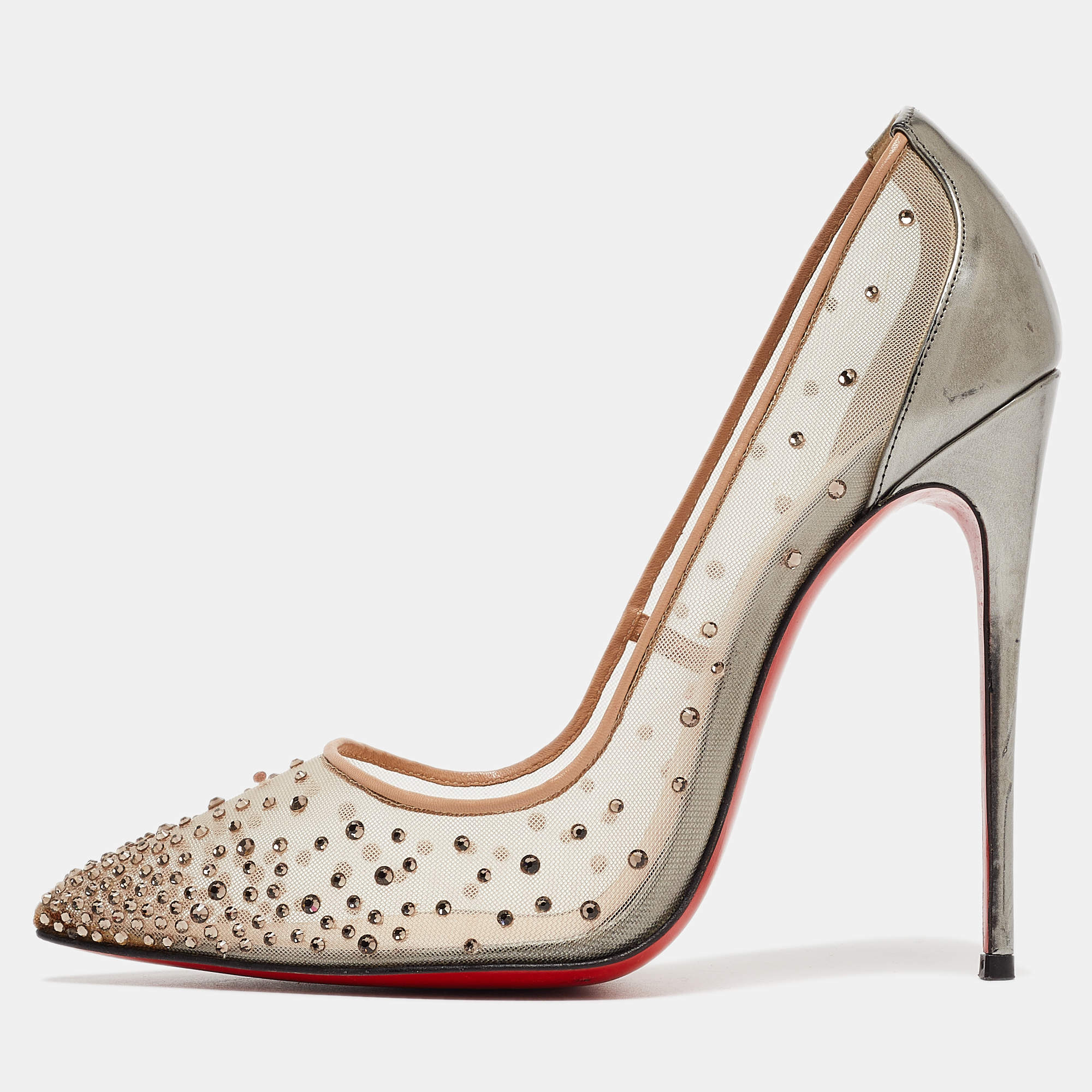 مملوكة مسبقًا Christian Louboutin Grey Leather and Mesh Follies Strass Pumps Size 38