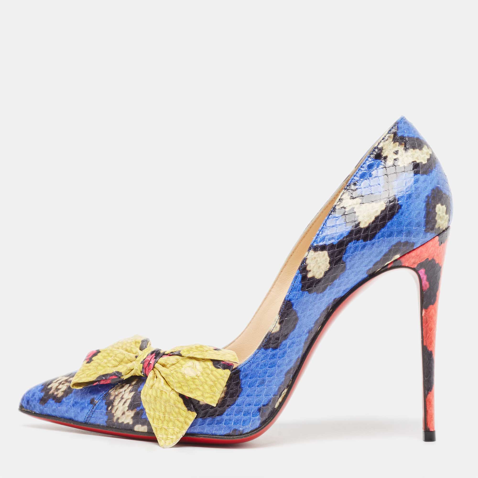 Pre Owned Christian Louboutin Blue/Yellow Watersnake Madame Menodo Pumps Size 38
