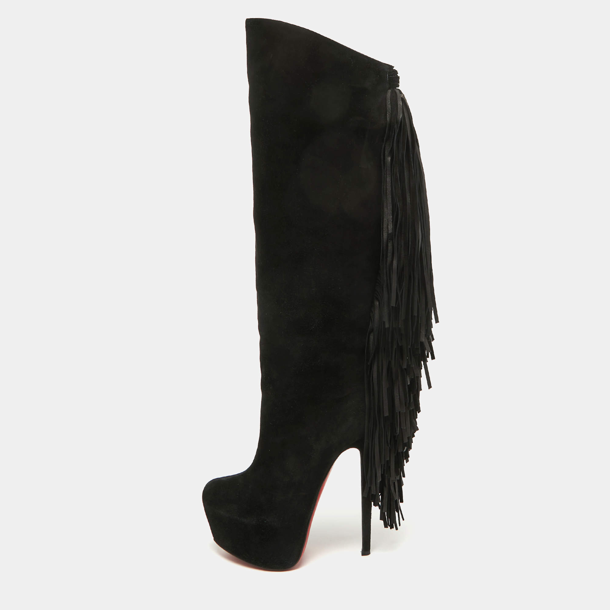 Pre Owned Christian Louboutin Black Suede Interlopa Knee Length Boots Size 37.5