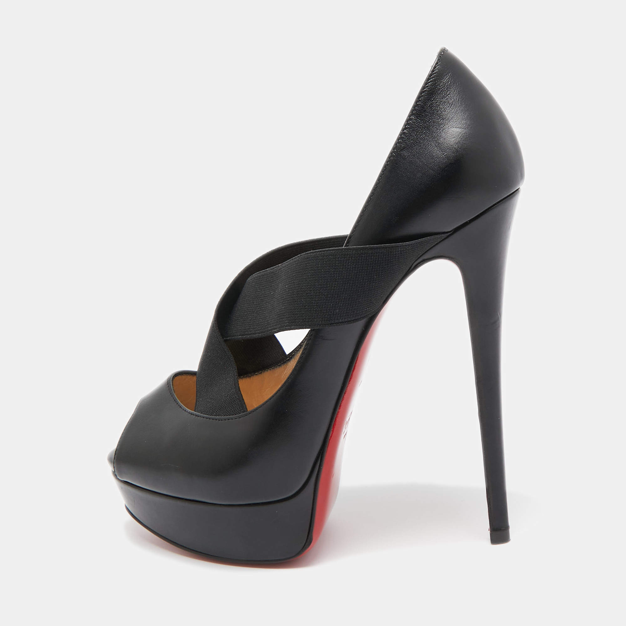 Christian Louboutin Black Leather and Elastic Cross Strap Platform Peep Toe Pumps Size 38.5
