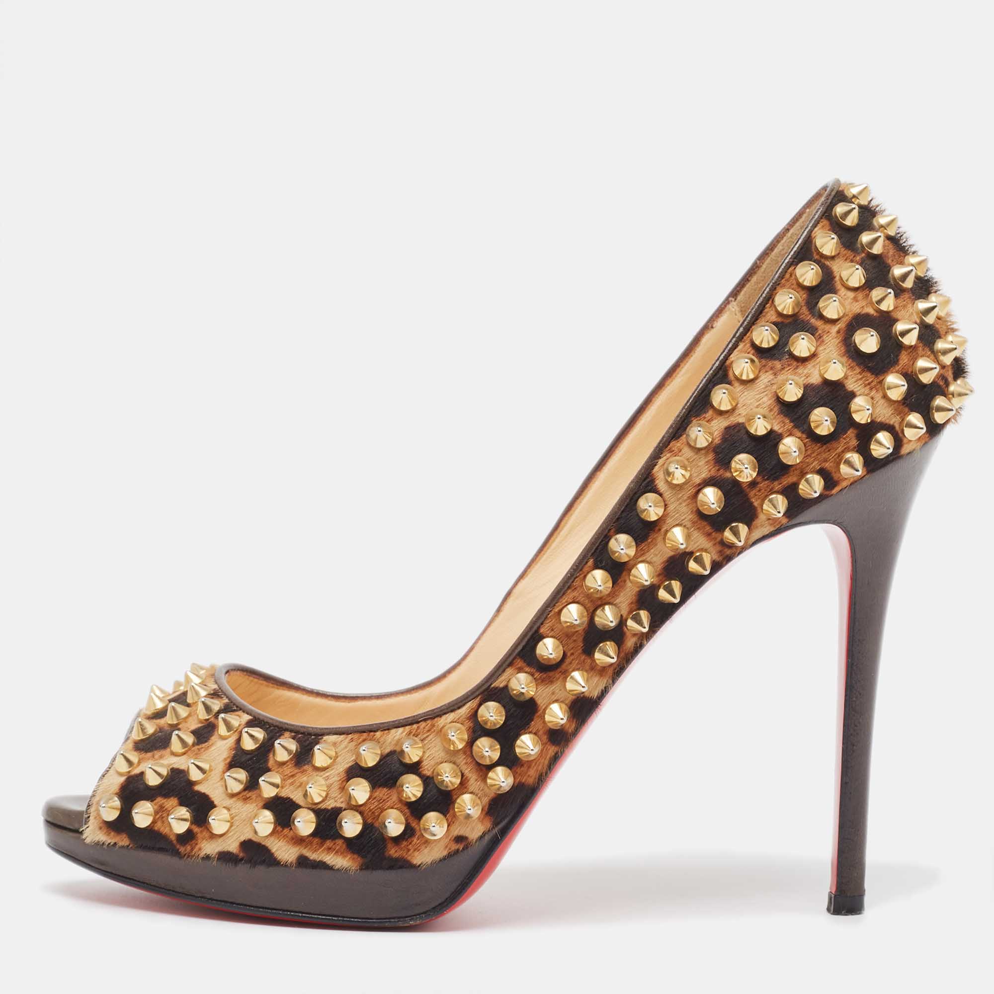 Christian Louboutin Brown Leopard Print Calfhair Yolanda Spike Pumps Size 40.5