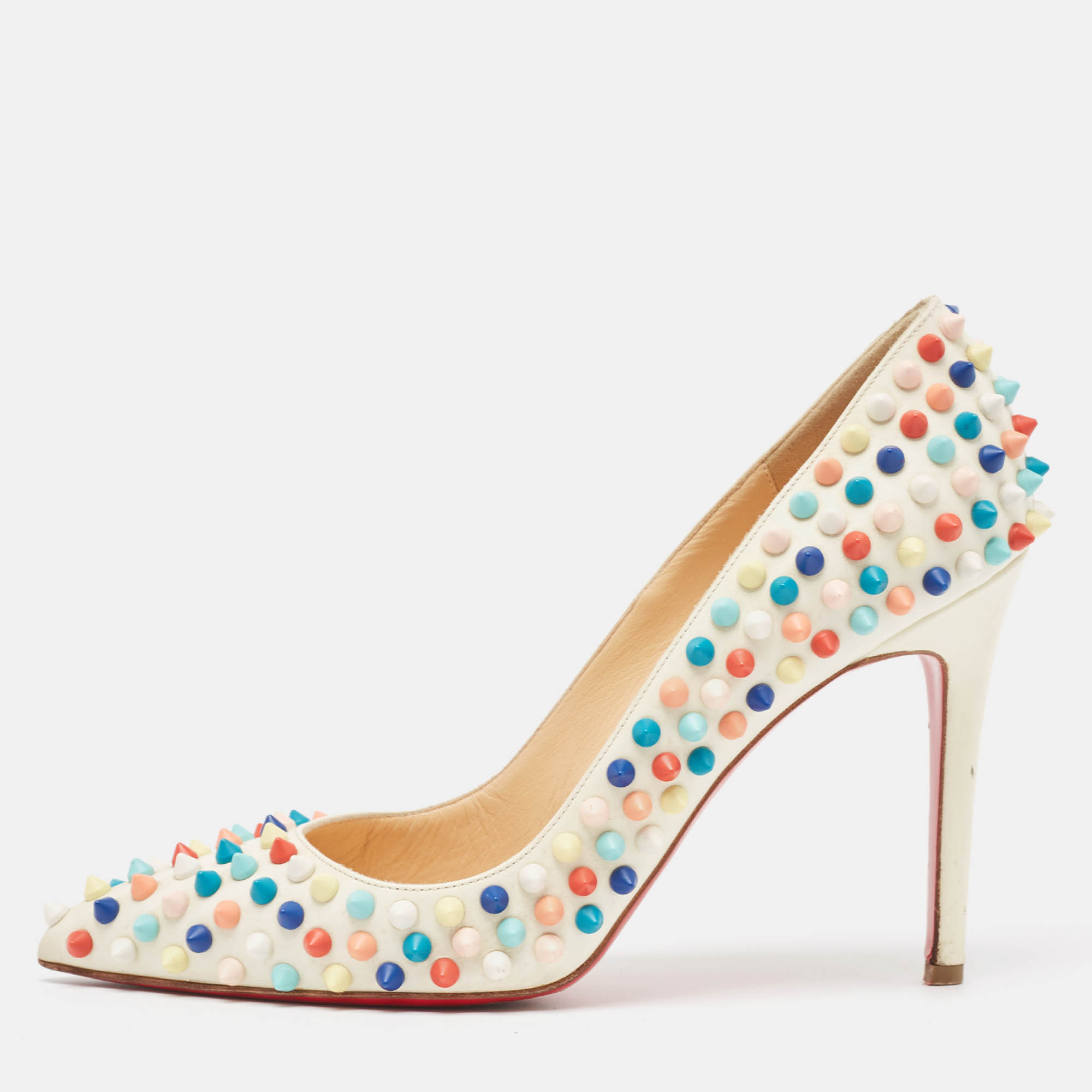 Pre Owned Christian Louboutin Off White Leather Pigalle Spikes Pumps Size 38.5
