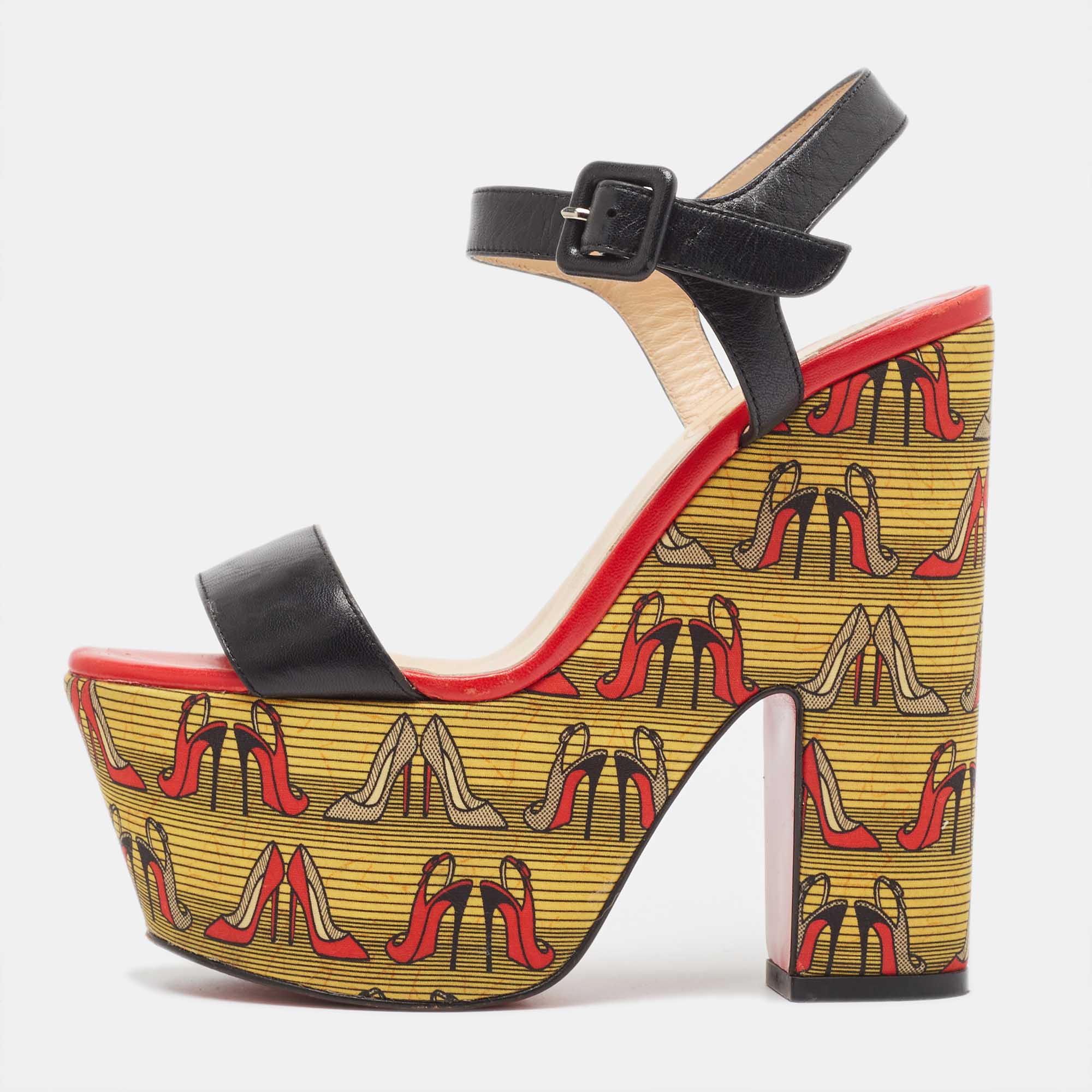 Christian Louboutin Black Leather Printed Platform Block Heel Ankle Strap Sandals Size 35