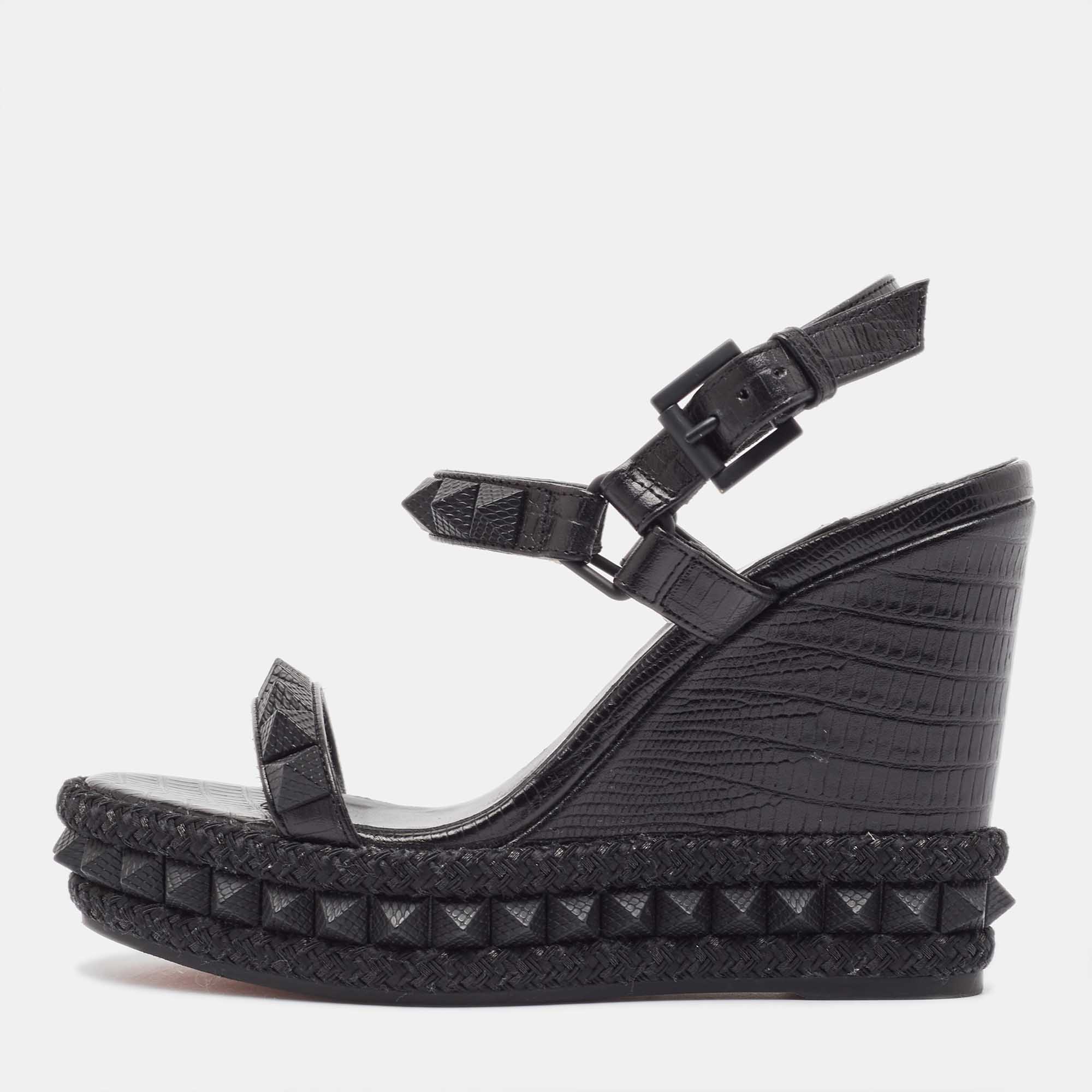 Christian Louboutin Black Embossed Lizard Pyraclou Wedge Sandals Size 35