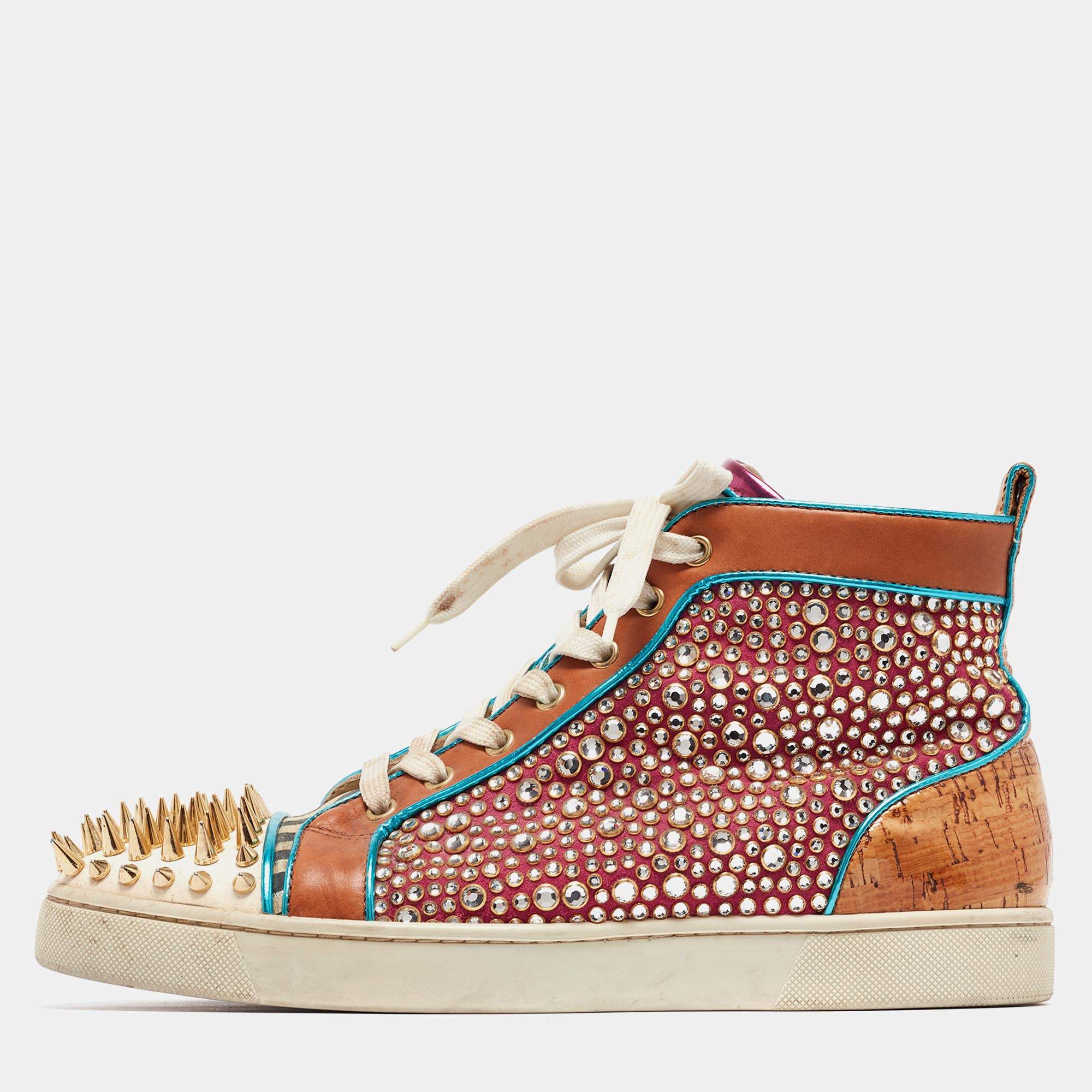 مملوكة مسبقًا Christian Louboutin Multicolor Cork and Suede Bubble Spike Louis Sneakers Size 42.5