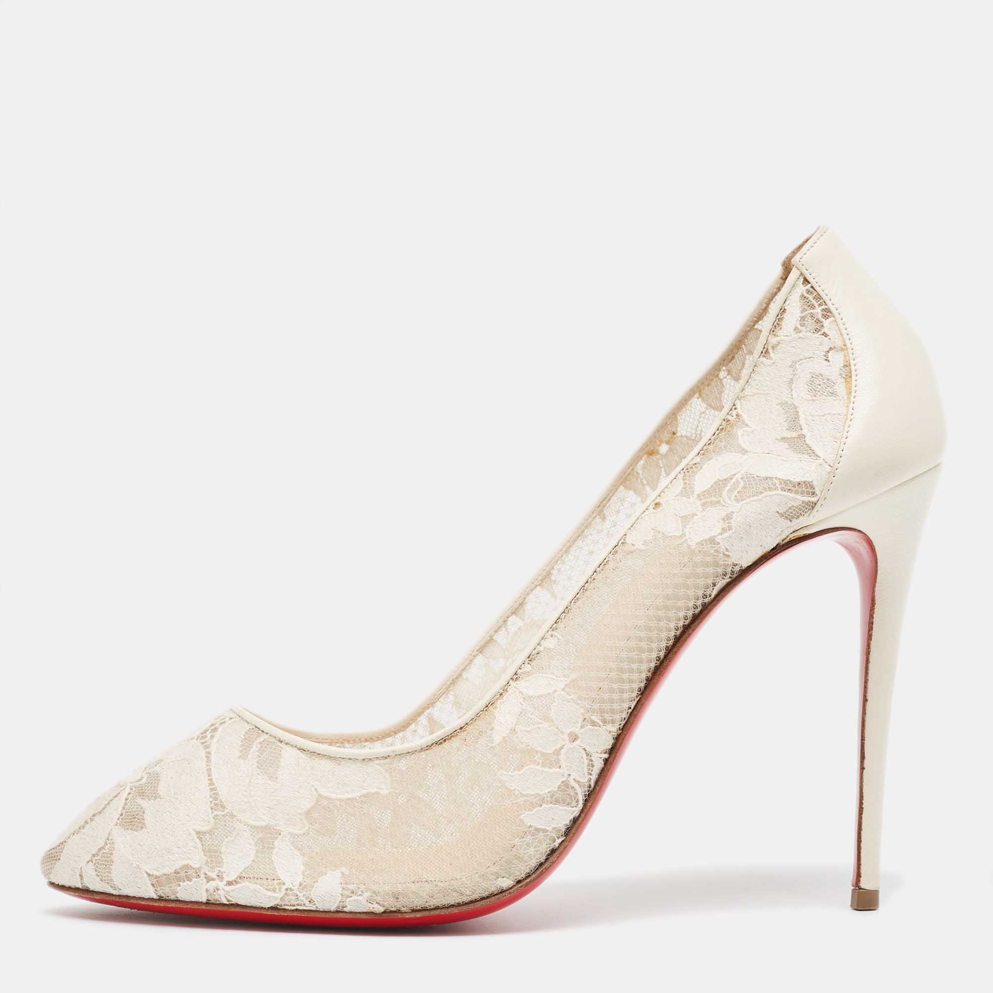 Pre Owned Christian Louboutin White Lace Dorissima Pumps Size 40