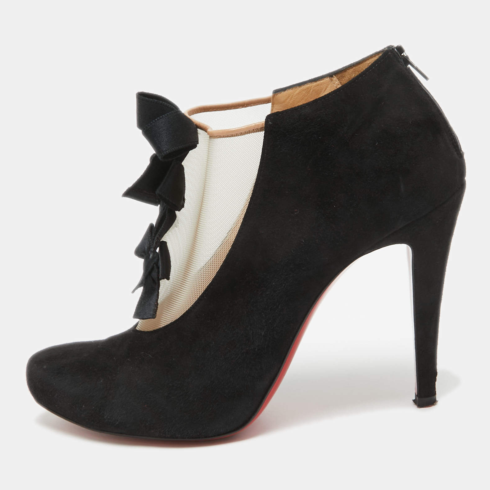 مملوكة مسبقًا Christian Louboutin Black Suede and Mesh Triple Bow Booties Size 38.5