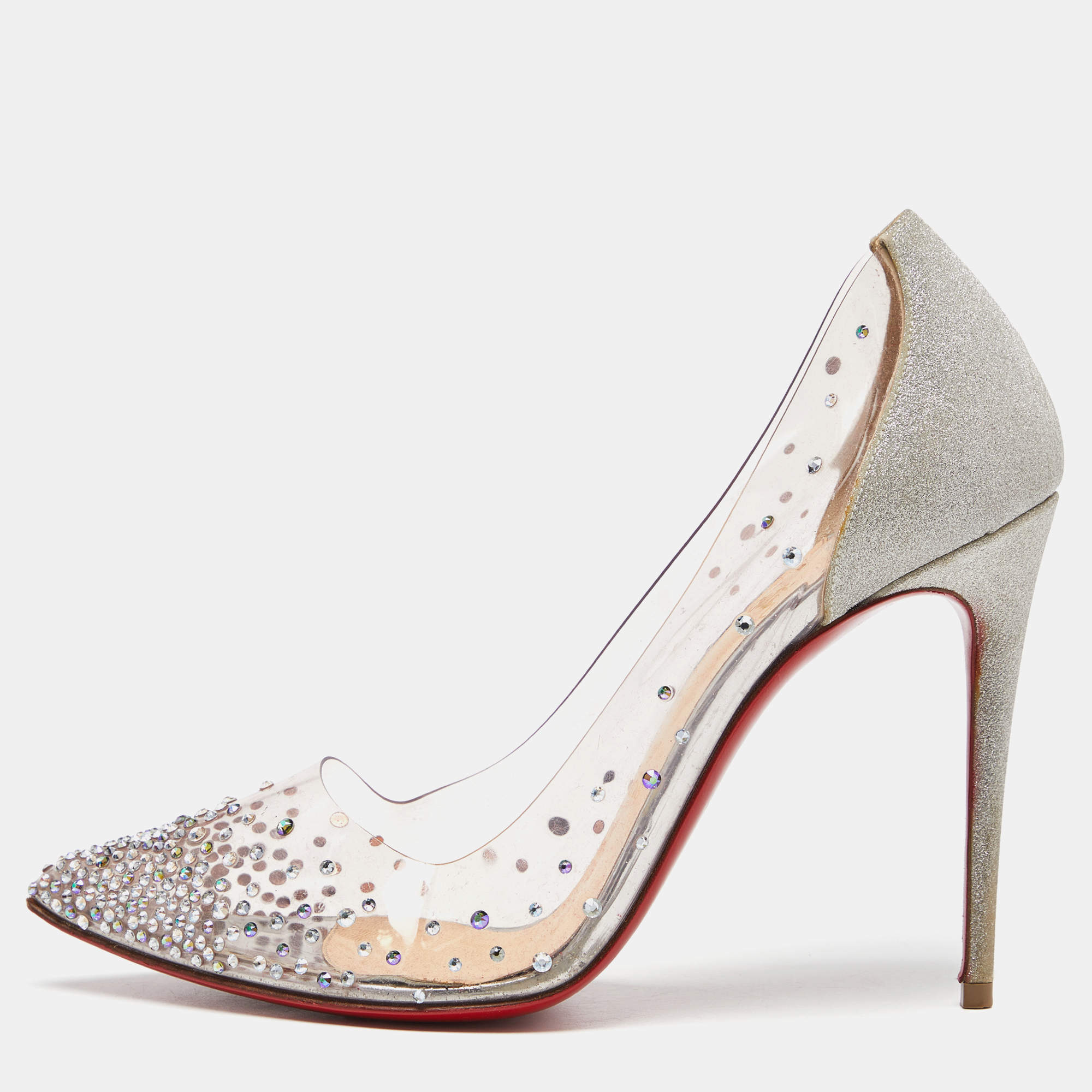 Pre Owned Christian Louboutin Silver Glitter and PVC Degrastrass Embellished Pumps Size 38