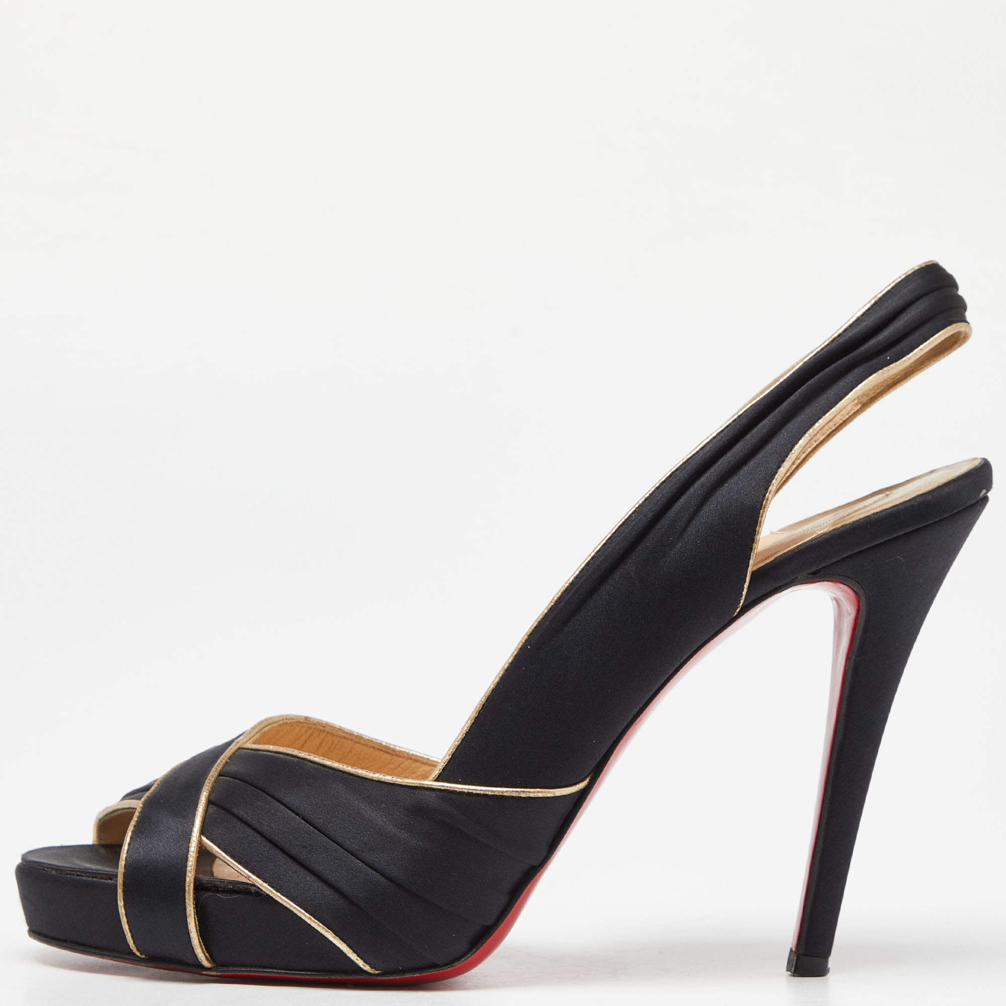 Pre Owned Christian Louboutin Black/Gold Satin and Leather Trim Platform Peep Toe Slingback Sandals Size 42