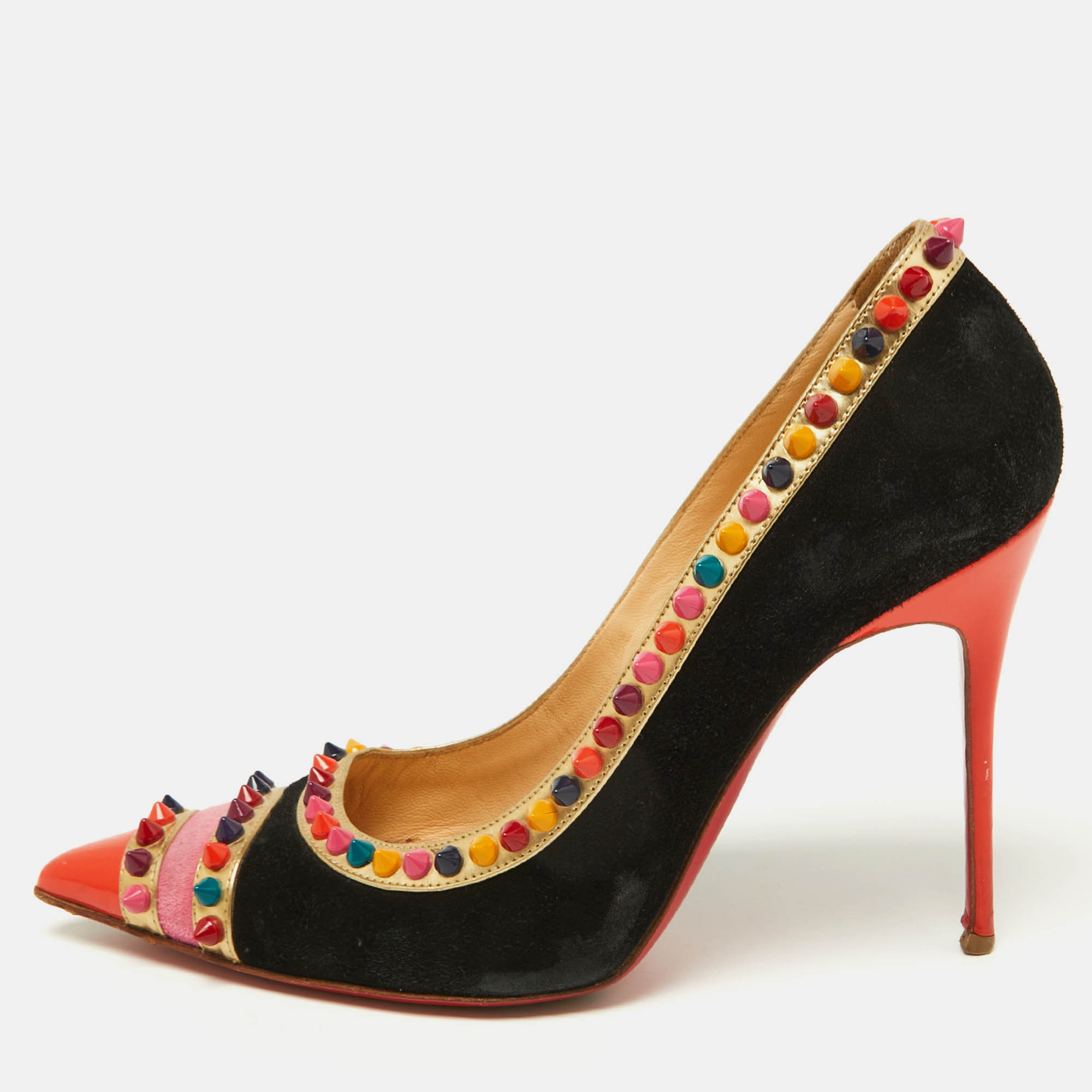Christian Louboutin Multicolor Suede and Patent Leather Malabar Hill Spike Pointed Toe Pumps Size 38