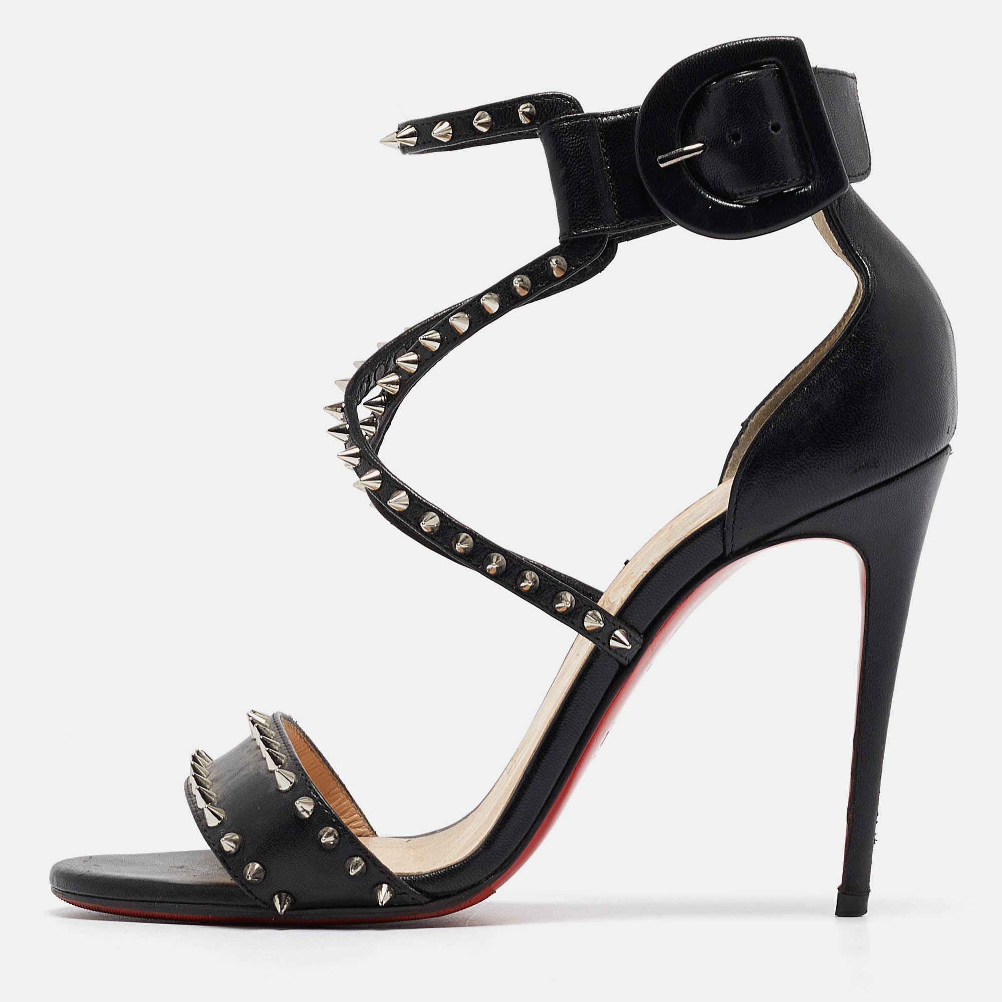 Pre Owned Christian Louboutin Black Leather Choca Spikes Sandals Size 35
