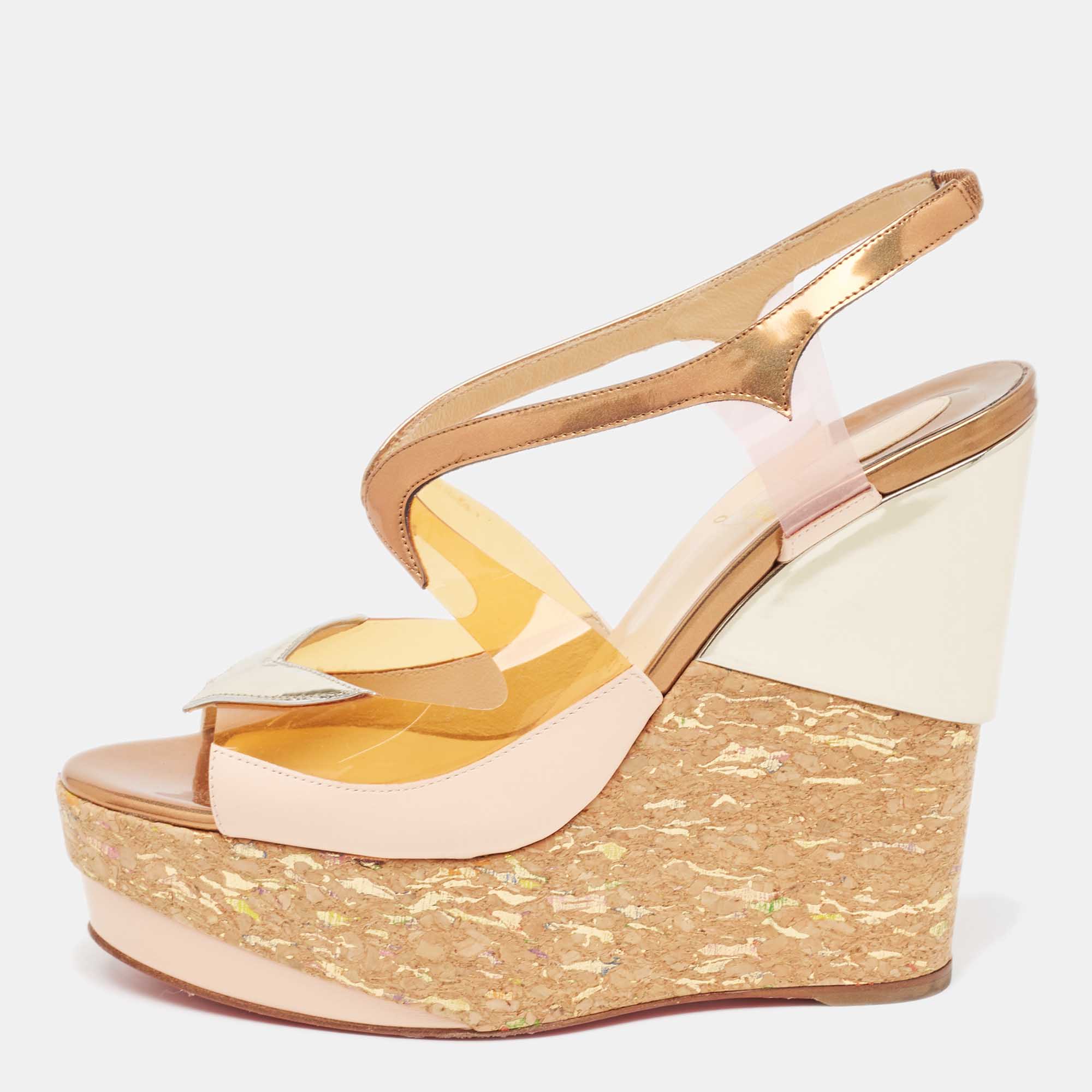 Pre Owned Christian Louboutin Multicolor PVC and Leather Wedge Slingback Sandals Size 39