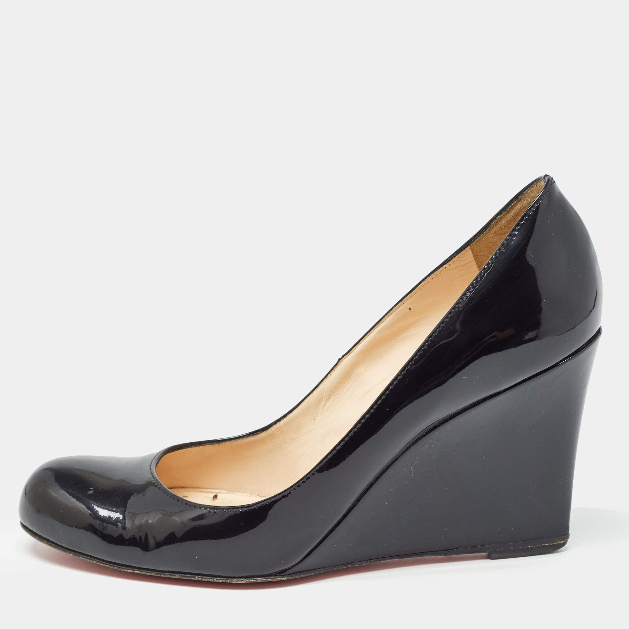Pre Owned Christian Louboutin Black Patent Leather Ron Ron Wedge Pumps Size 38.5