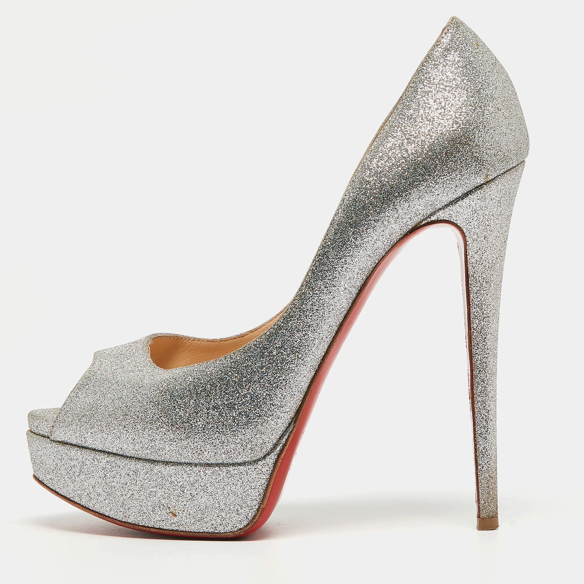 Pre Owned Christian Louboutin Silver Glitter Lady Peep Pumps Size 38.5