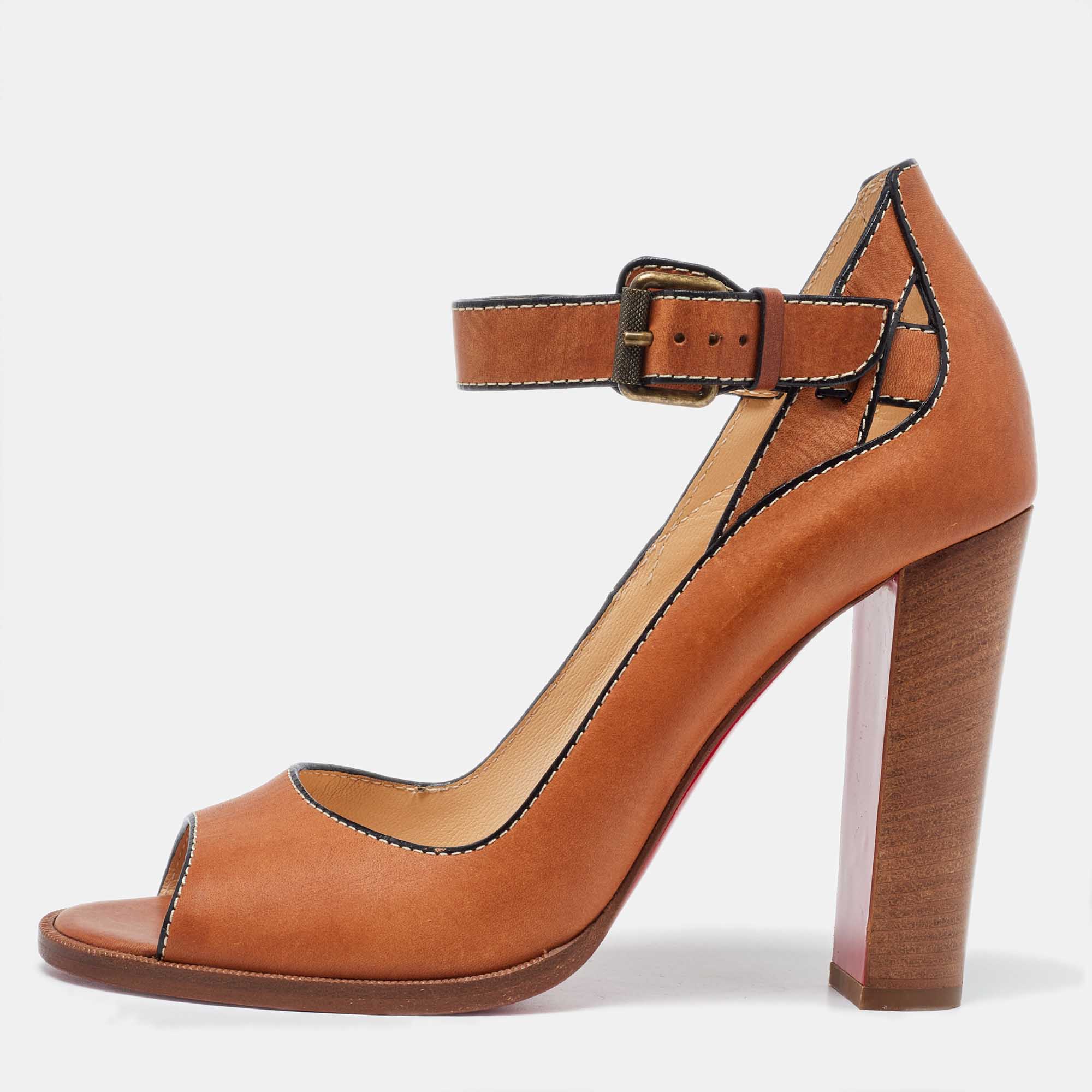Pre Owned Christian Louboutin Brown Leather Open Toe Block Heel Ankle Strap Sandals Size 40