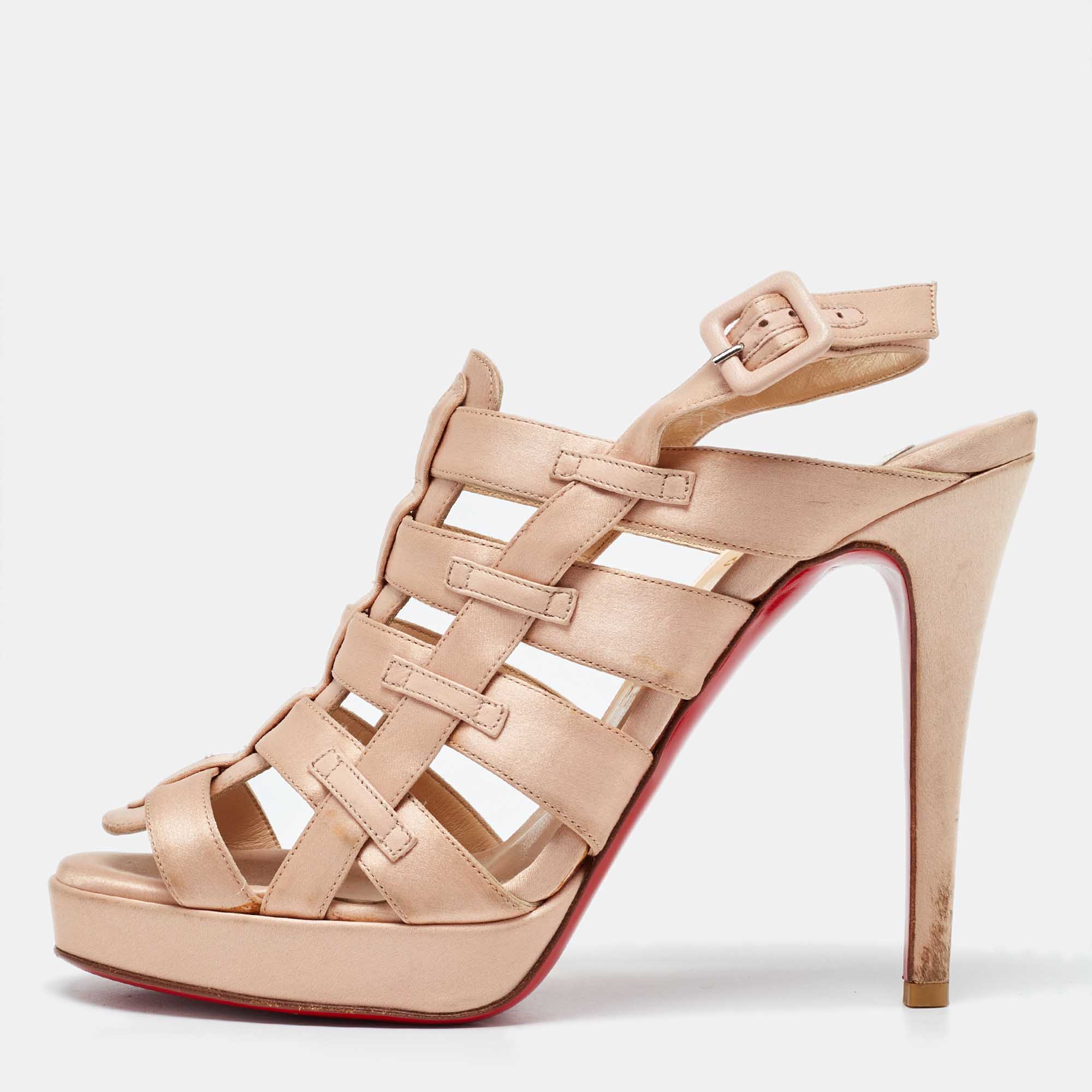 Christian Louboutin Beige Satin Paquita Cage Platform Slingback Sandals Size 39.5