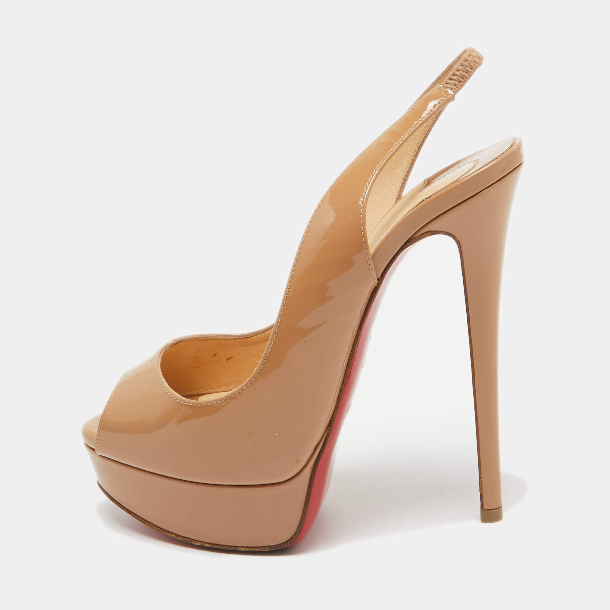 Christian Louboutin Beige Patent Leather Lady Peep Slingback Pumps Size 36.5