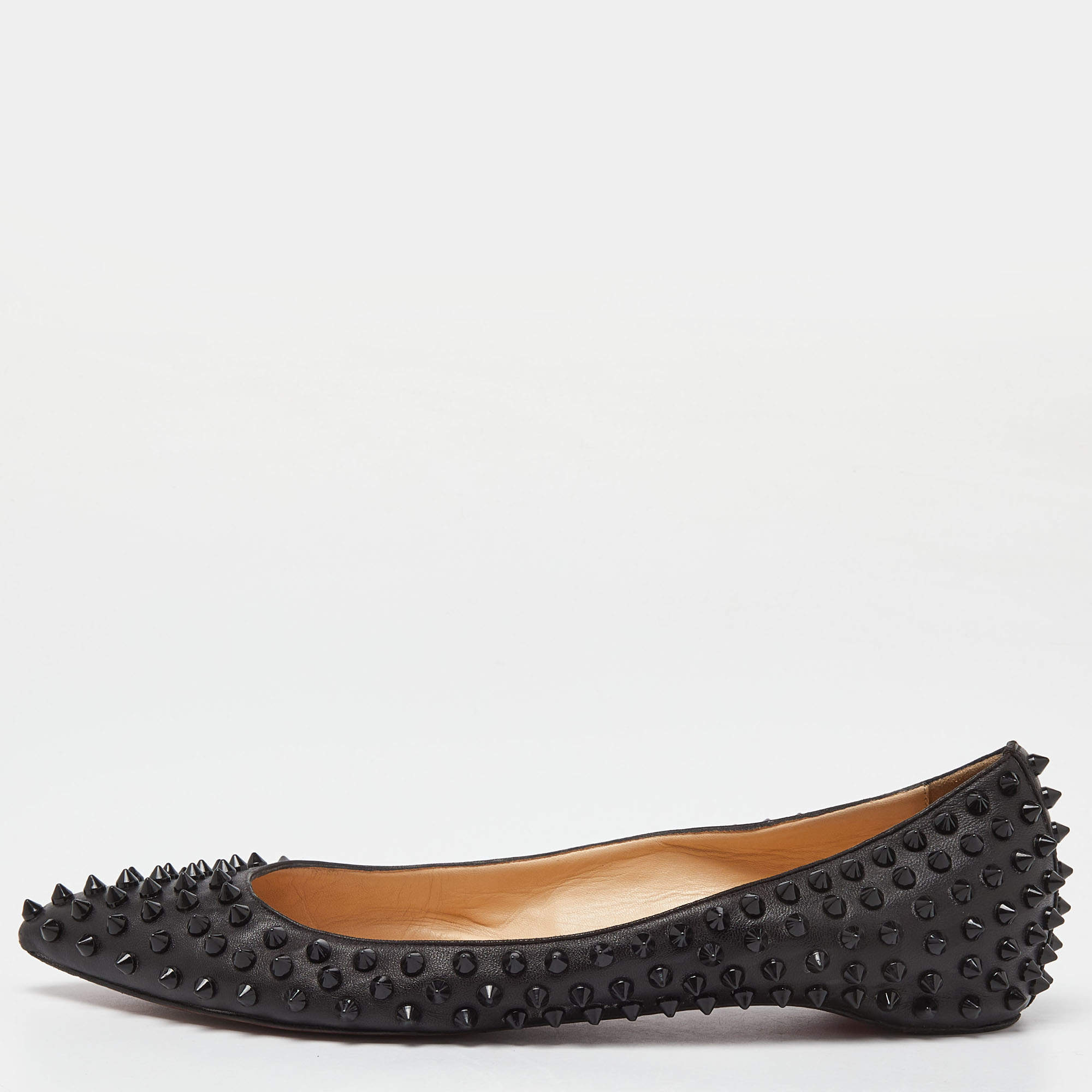 مملوكة مسبقًا Christian Louboutin Black Leather Pigalle Spikes Ballet Flats Size 41.5