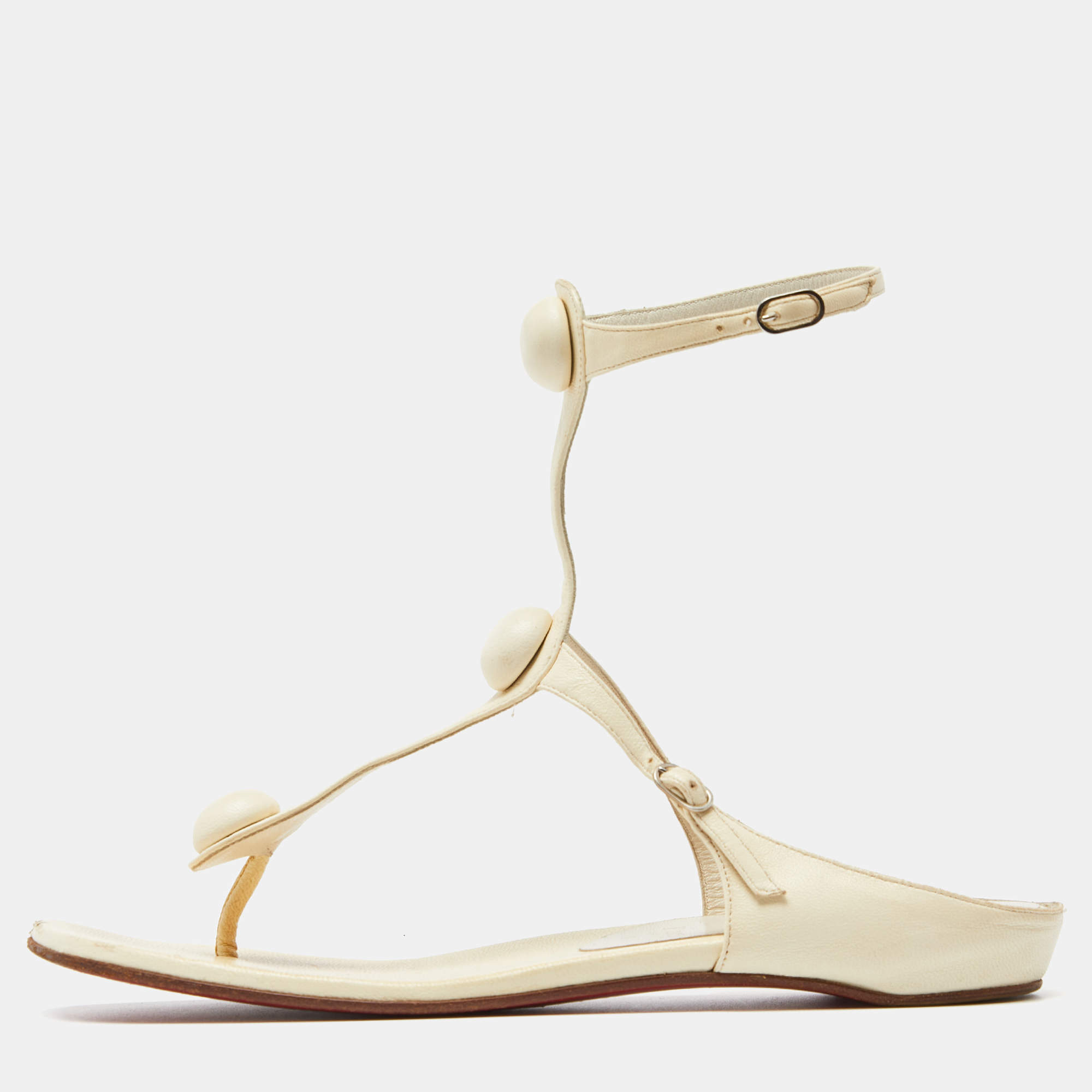 Christian Louboutin Cream Leather Thong Ankle Strap Flat Sandals Size 38.5