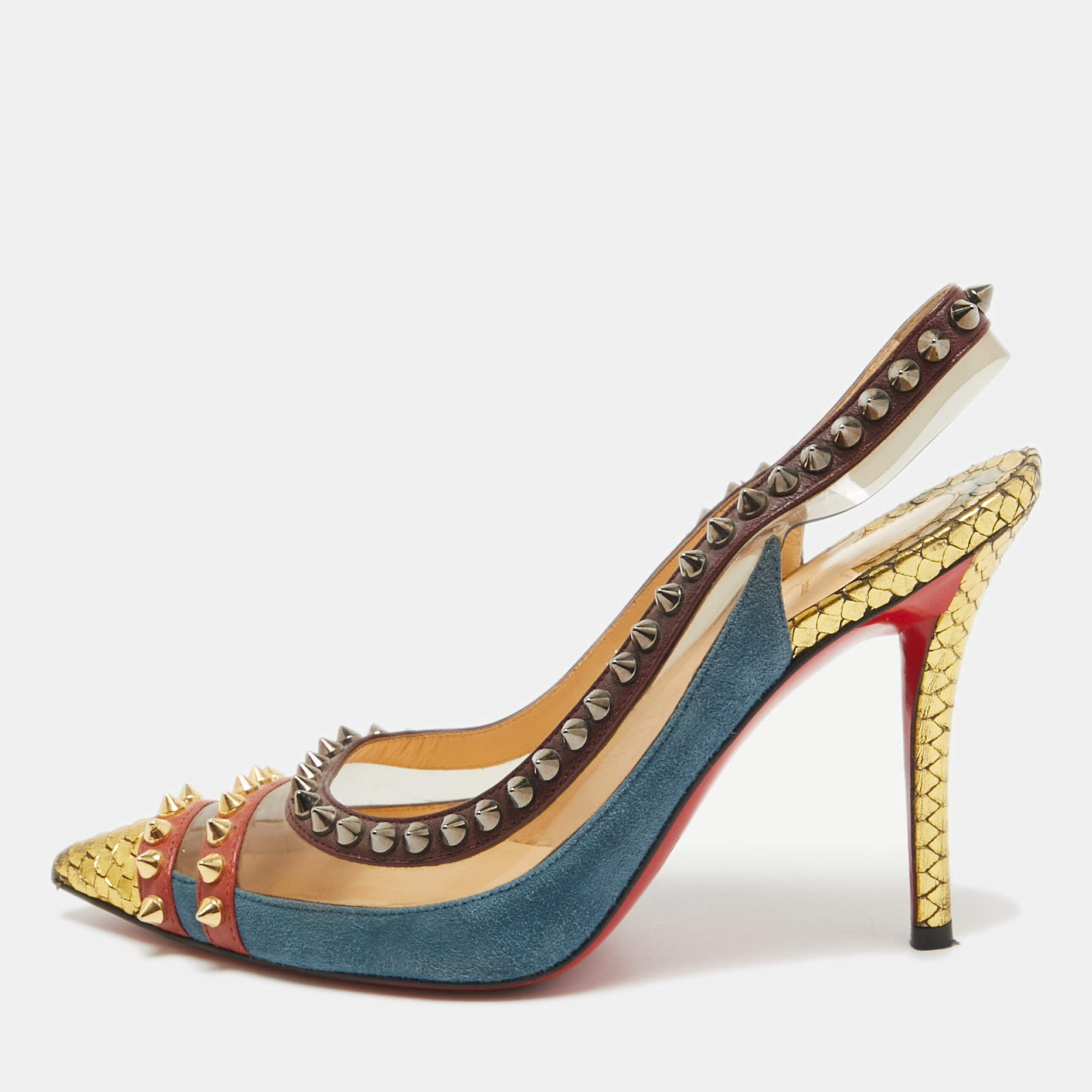 Pre Owned Christian Louboutin Multicolor Suede and PVC Manovra Slingback Pumps Size 35