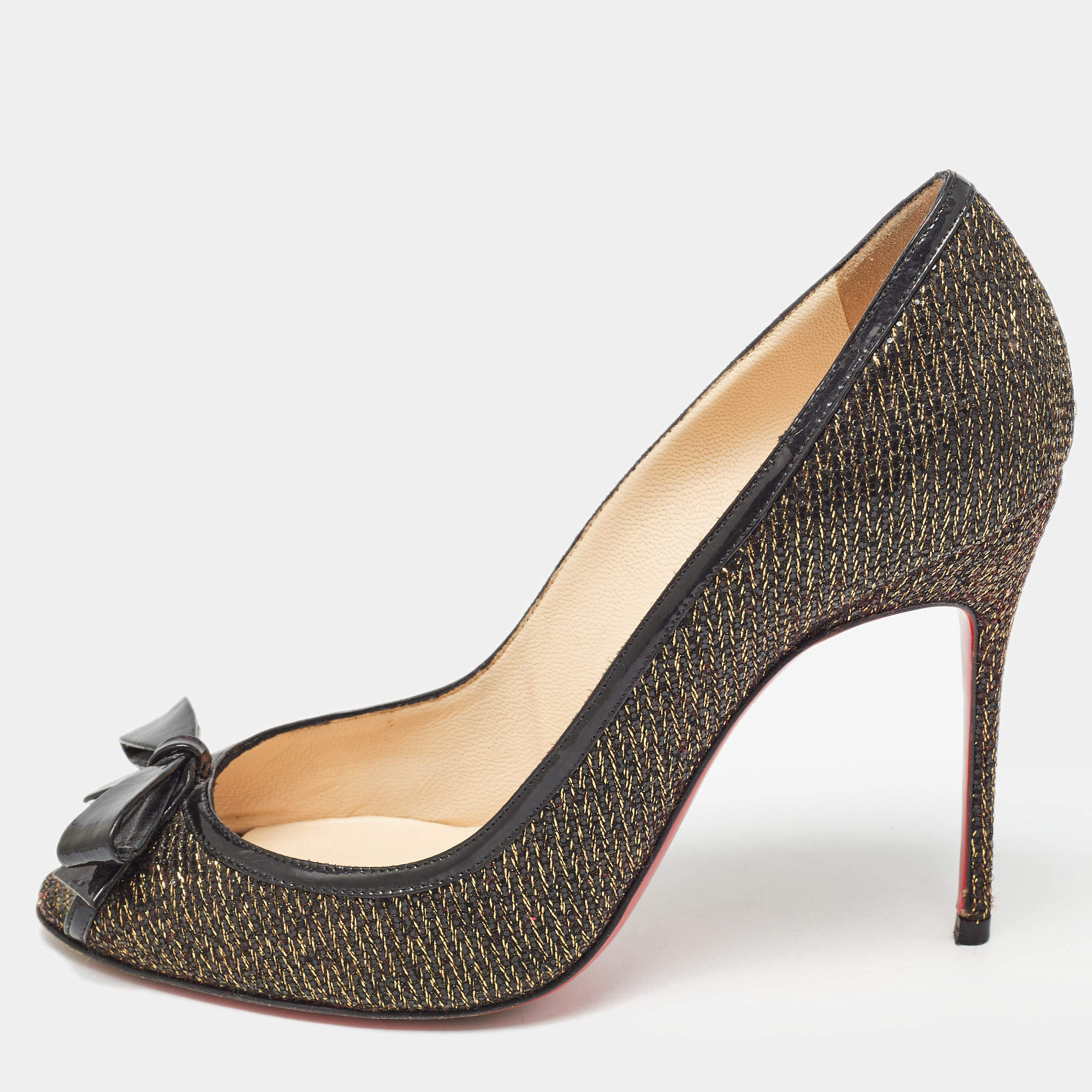 Pre Owned Christian Louboutin Black/Gold Lurex Fabric Milady Bow Pumps Size 37.5